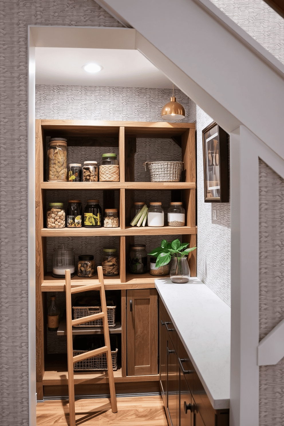 A cozy pantry nestled under the stairs, featuring textured wallpaper that adds visual interest and warmth to the space. The shelves are crafted from reclaimed wood, filled with neatly organized jars and baskets, while soft lighting illuminates the area, creating an inviting atmosphere. The textured wallpaper showcases a subtle pattern, enhancing the charm of the pantry while complementing the natural wood elements. A small wooden ladder leans against the shelves, providing easy access to the upper storage, while a decorative plant sits on the countertop, adding a touch of greenery.