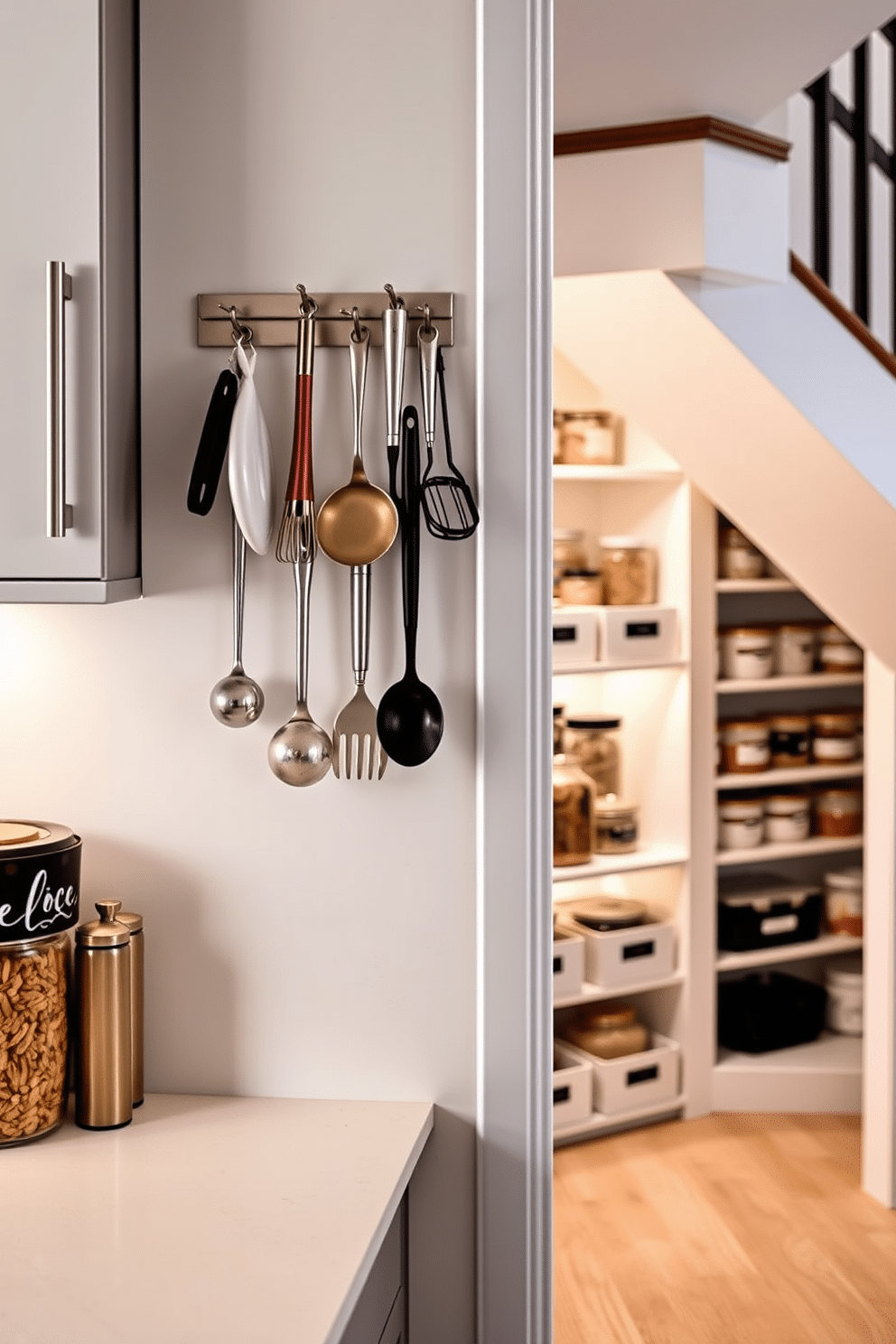 A stylish kitchen setting featuring a wall-mounted rack with elegant hooks for hanging kitchen tools and utensils. The hooks are made of brushed nickel, complementing the sleek cabinetry and providing easy access to frequently used items. A cozy pantry design tucked under the stairs, maximizing space with open shelving and organized bins. Soft, warm lighting illuminates the area, highlighting the neatly arranged jars and containers filled with dry goods and spices.