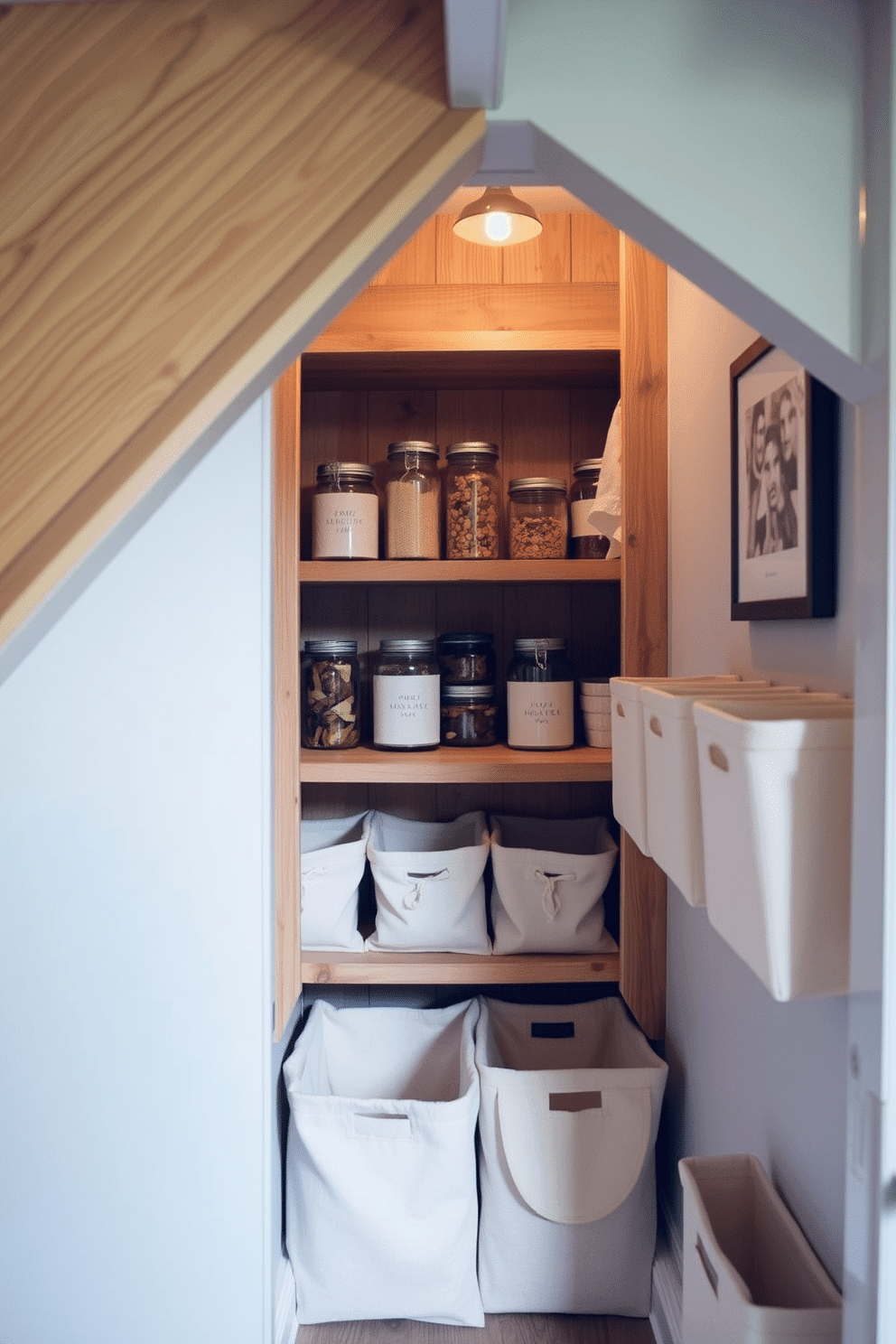 A cozy pantry tucked under the stairs, featuring fabric bins in soft pastel colors for a warm and inviting look. The shelves are crafted from reclaimed wood, displaying neatly organized jars and containers, while a small light fixture illuminates the space, enhancing its charm. Stylish fabric bins line the shelves, providing soft storage solutions for various pantry items. The design incorporates a combination of open shelving and closed storage, creating a functional yet aesthetically pleasing area that maximizes the use of the under-stair space.