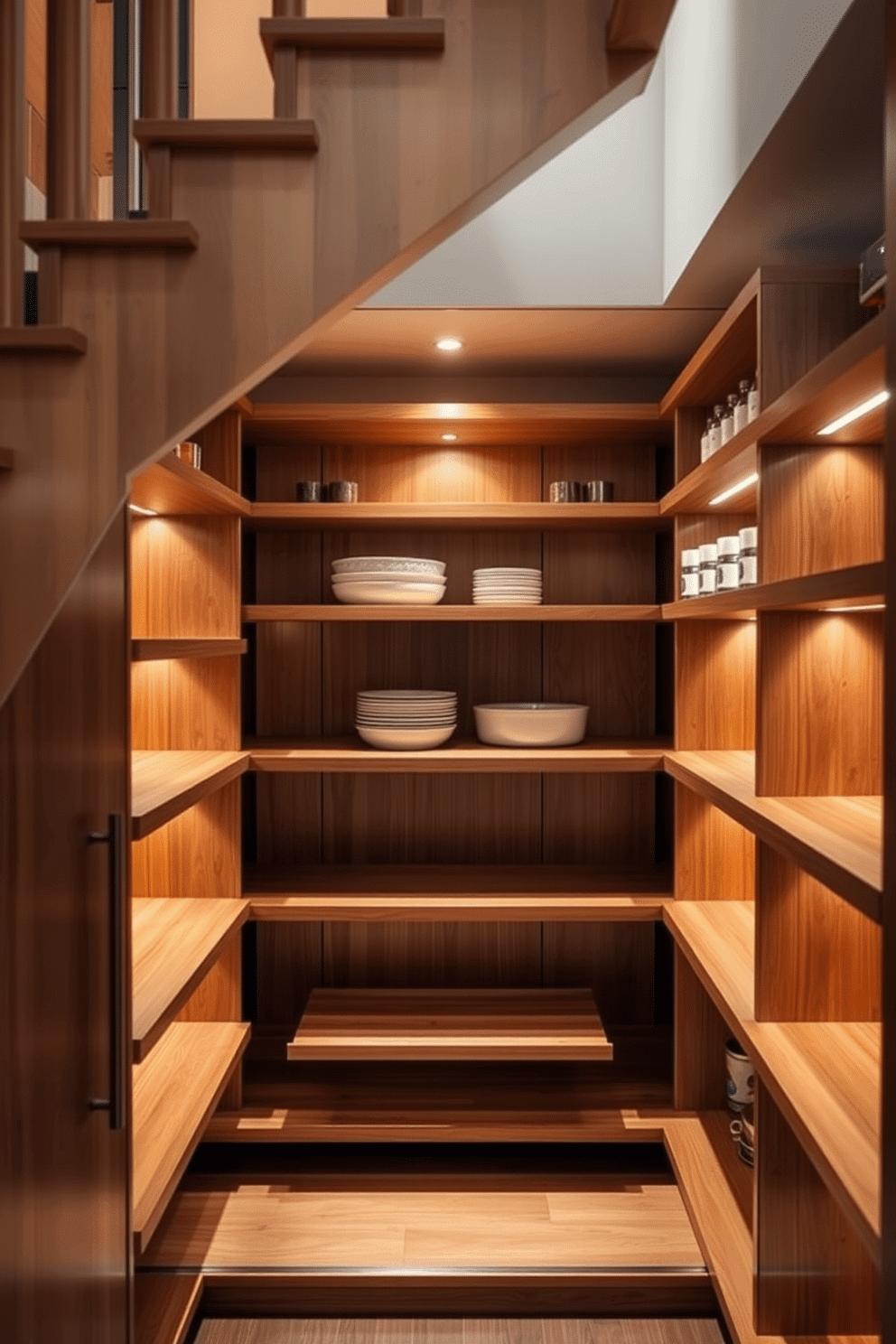 A cleverly designed pantry under the stairs features rotating shelves that maximize space and provide easy access to all your kitchen essentials. The shelves are crafted from sleek wood, and the interior is illuminated with warm LED lighting, creating a welcoming atmosphere for storage.