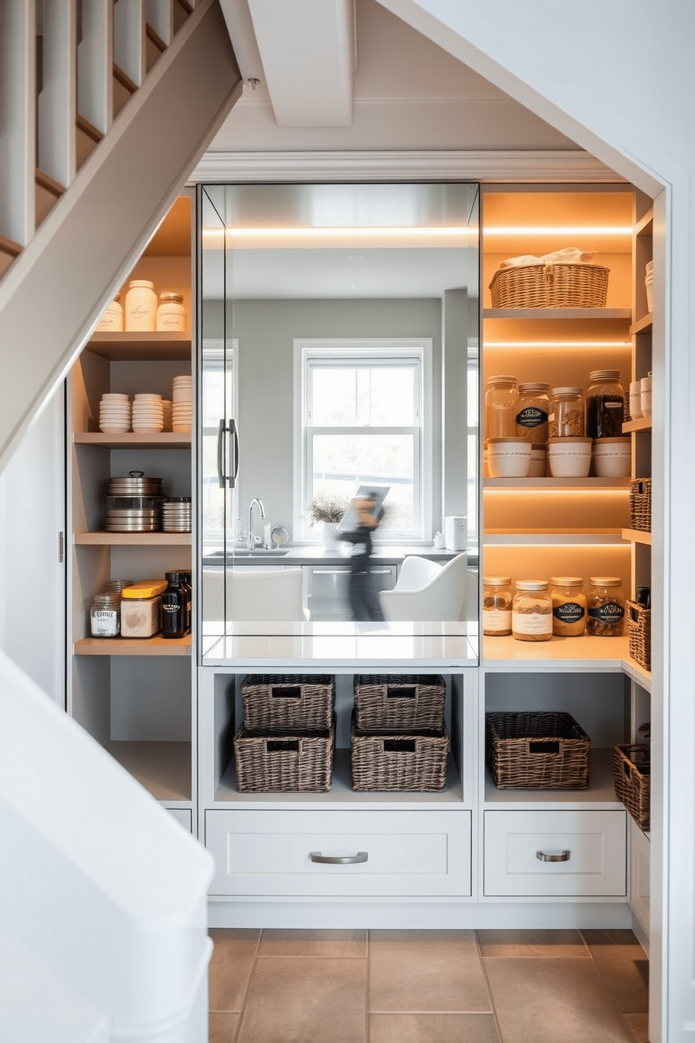 A mirror back wall reflects natural light, creating an illusion of spaciousness in the pantry. The design features open shelving for easy access to kitchen essentials, while soft ambient lighting enhances the inviting atmosphere. Under the stairs, a cozy pantry is designed with custom cabinetry that maximizes storage. Cleverly integrated lighting illuminates the space, showcasing neatly organized jars and baskets for a tidy and functional look.