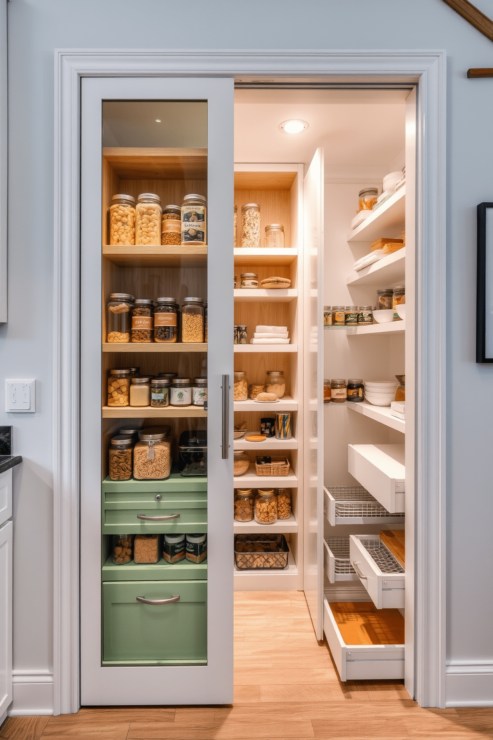 A stylish glass door pantry that showcases neatly organized shelves filled with various jars and containers. The interior features warm wood accents and soft LED lighting that highlights the contents while maintaining a clean and modern aesthetic. An innovative pantry design nestled under the stairs, maximizing space with custom shelving and pull-out drawers. The design incorporates a charming mix of open and closed storage, creating a functional yet visually appealing area that blends seamlessly with the surrounding decor.