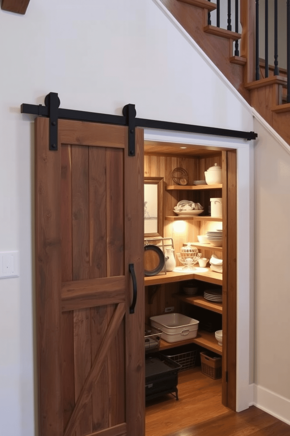 A sliding barn door made of reclaimed wood adds rustic charm to the entryway, featuring wrought iron hardware that complements the natural textures. The door opens to reveal a cozy nook filled with vintage decor, enhancing the farmhouse aesthetic. The pantry under the stairs is cleverly designed with open shelving made from reclaimed wood, maximizing space while keeping essentials organized. Soft, warm lighting illuminates the area, creating an inviting atmosphere for storing dry goods and kitchen supplies.