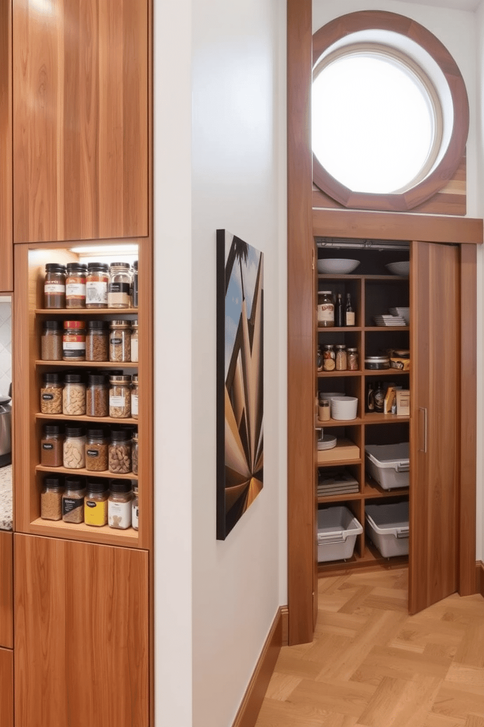 A built-in spice rack is seamlessly integrated into the sidewall, featuring a series of open shelves that display an array of colorful spices in glass jars. The surrounding cabinetry is finished in a warm wood tone, complementing the kitchen's overall aesthetic while providing easy access to culinary essentials. The pantry under the stairs is cleverly designed with sliding doors that maximize space efficiency. Inside, custom shelving and pull-out bins create an organized storage solution for dry goods, ensuring a functional yet stylish use of the often-overlooked area.