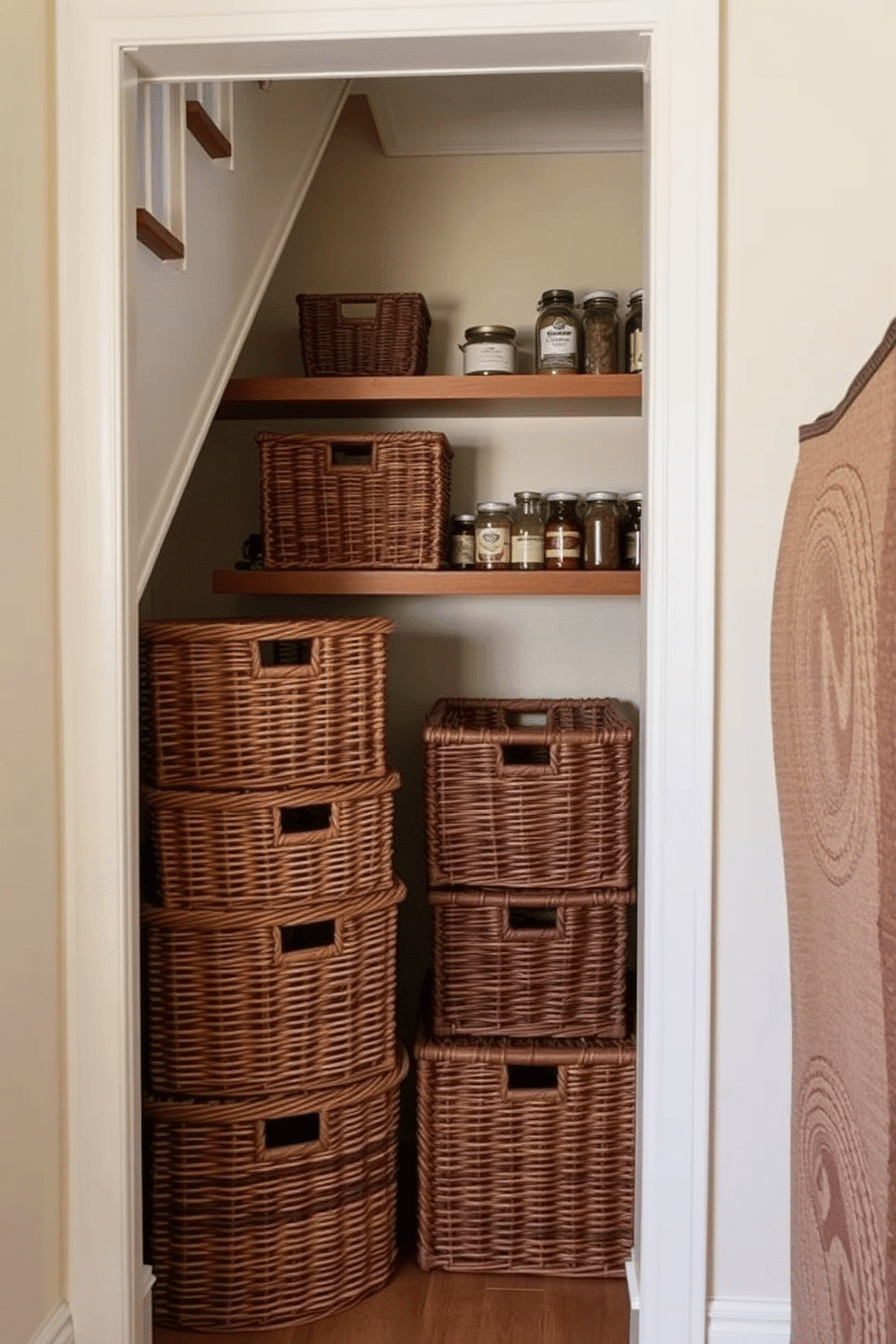 A cozy pantry tucked under the stairs, featuring stacked wicker baskets in various sizes for organized storage. The walls are painted a soft cream, and wooden shelves hold jars of spices and canned goods, adding a touch of warmth to the space.