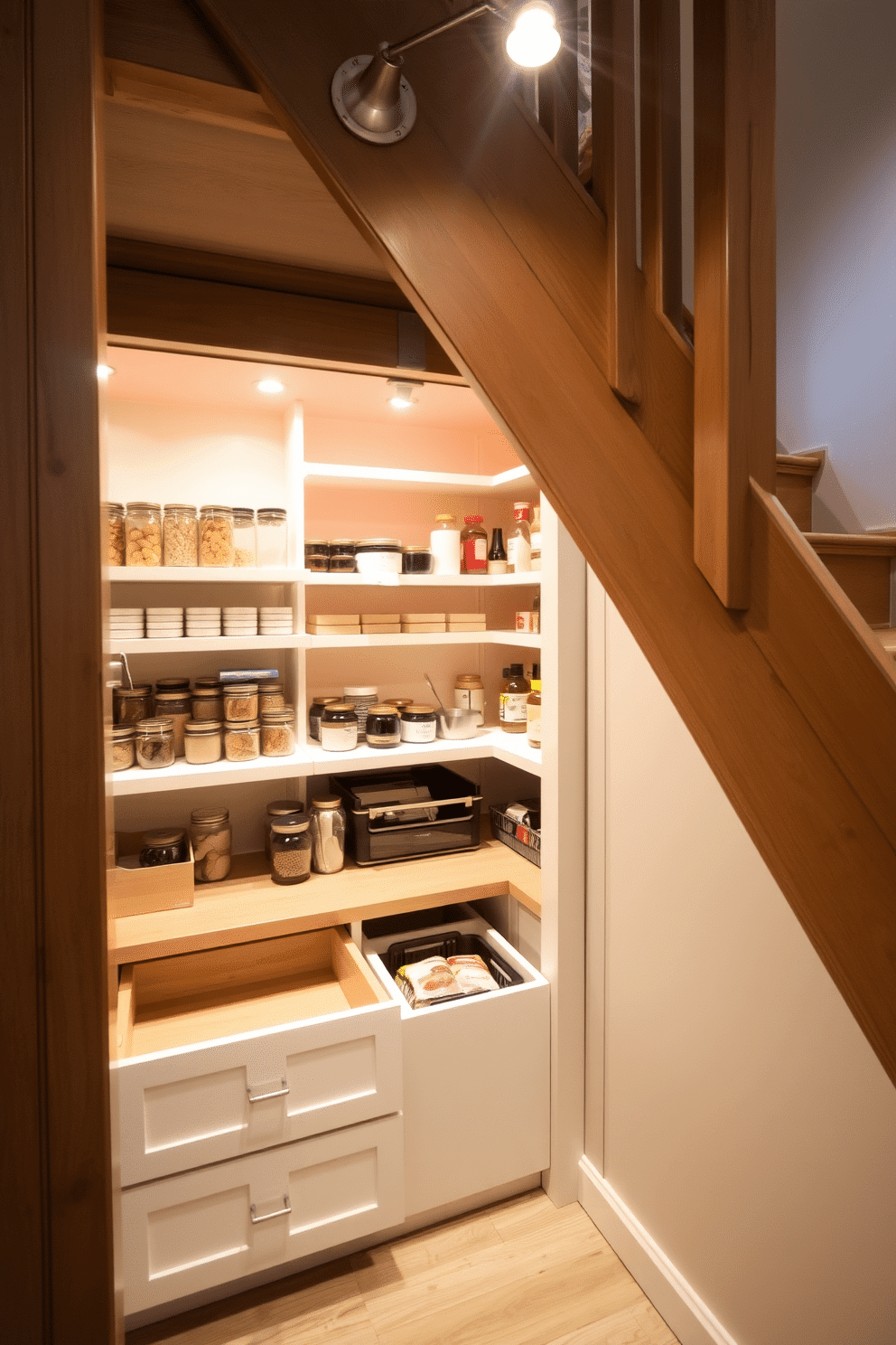 A cozy pantry tucked under the stairs, featuring pull-out drawers for hidden items. The space is illuminated by soft, warm lighting, showcasing neatly organized shelves filled with jars and pantry essentials.