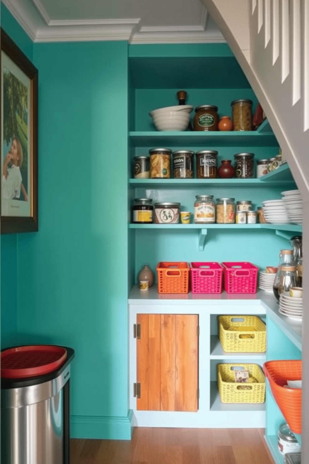 A vibrant pantry design nestled under the stairs, featuring colorful paint that energizes the space. The walls are painted in a lively shade of turquoise, complemented by open shelving displaying an array of jars and kitchen essentials. The pantry includes a small, rustic wooden door that adds charm and character. Brightly colored baskets are neatly organized on the shelves, providing both storage and a pop of color.