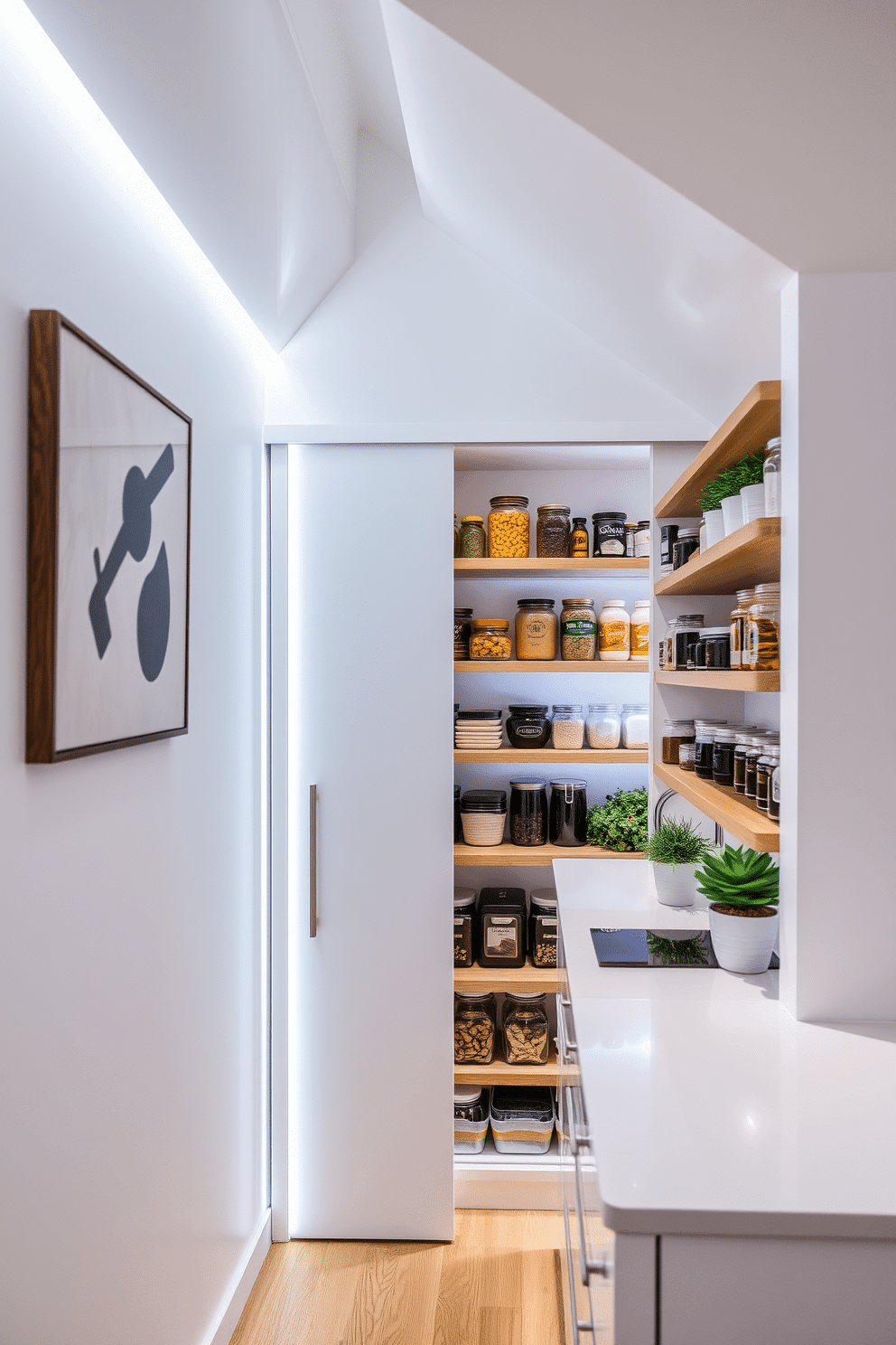 A cozy pantry tucked under the stairs, featuring sleek LED lighting that highlights the organized shelves filled with an array of jars and containers. The walls are painted in a soft white, creating a bright and inviting space, while the wooden shelves add a warm contrast. The pantry door is a stylish sliding design, seamlessly blending into the surrounding wall. A small countertop area is included for meal prep, adorned with a few decorative plants that enhance the modern aesthetic.