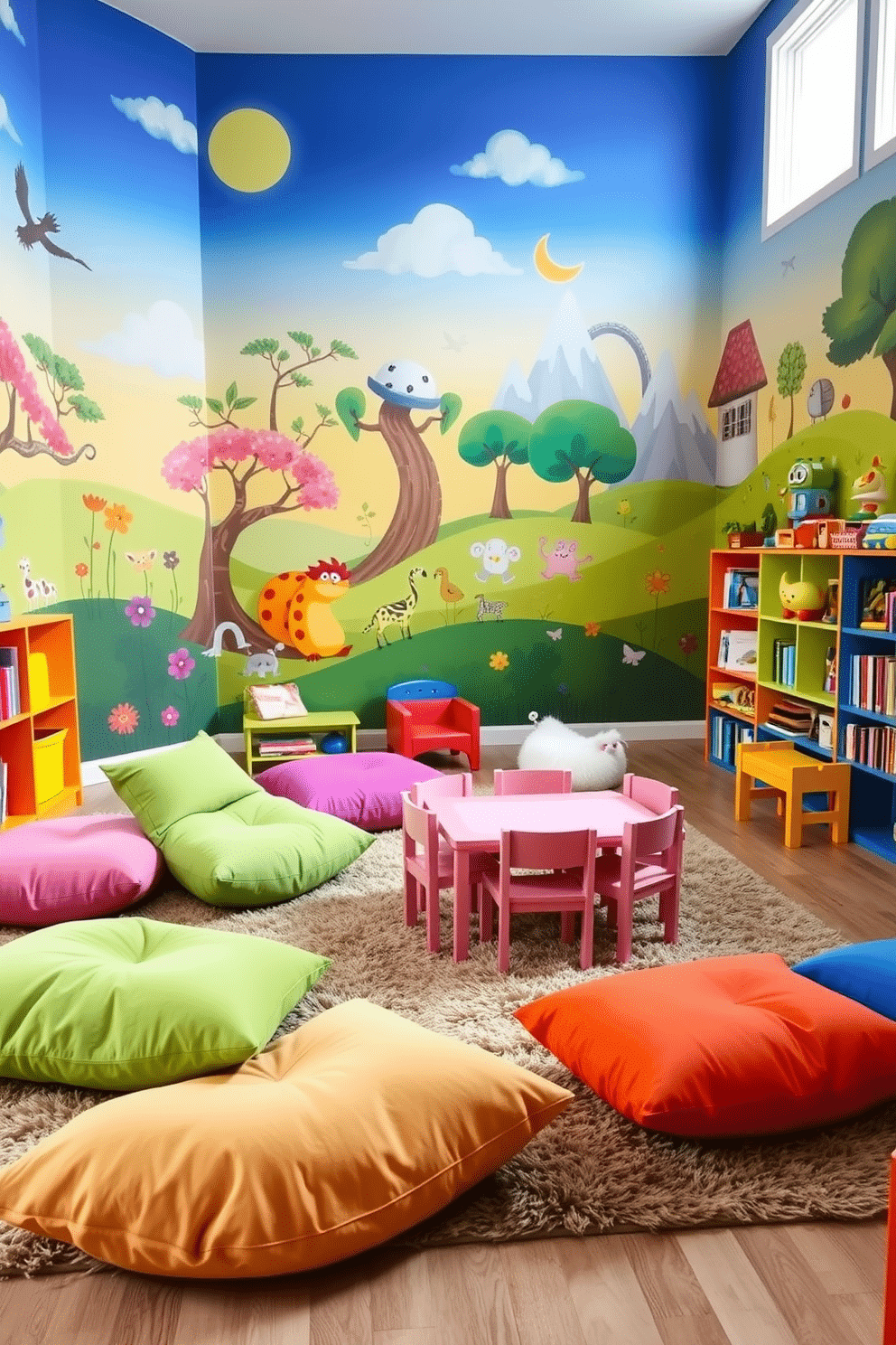 A vibrant playroom filled with colorful wall murals depicting whimsical scenes of nature and fantasy. The space features soft, oversized cushions scattered on a plush rug, inviting children to sit and play comfortably. Brightly painted furniture in primary colors adds to the playful atmosphere, with a low table surrounded by child-sized chairs. Shelves filled with books and toys line the walls, encouraging creativity and exploration.