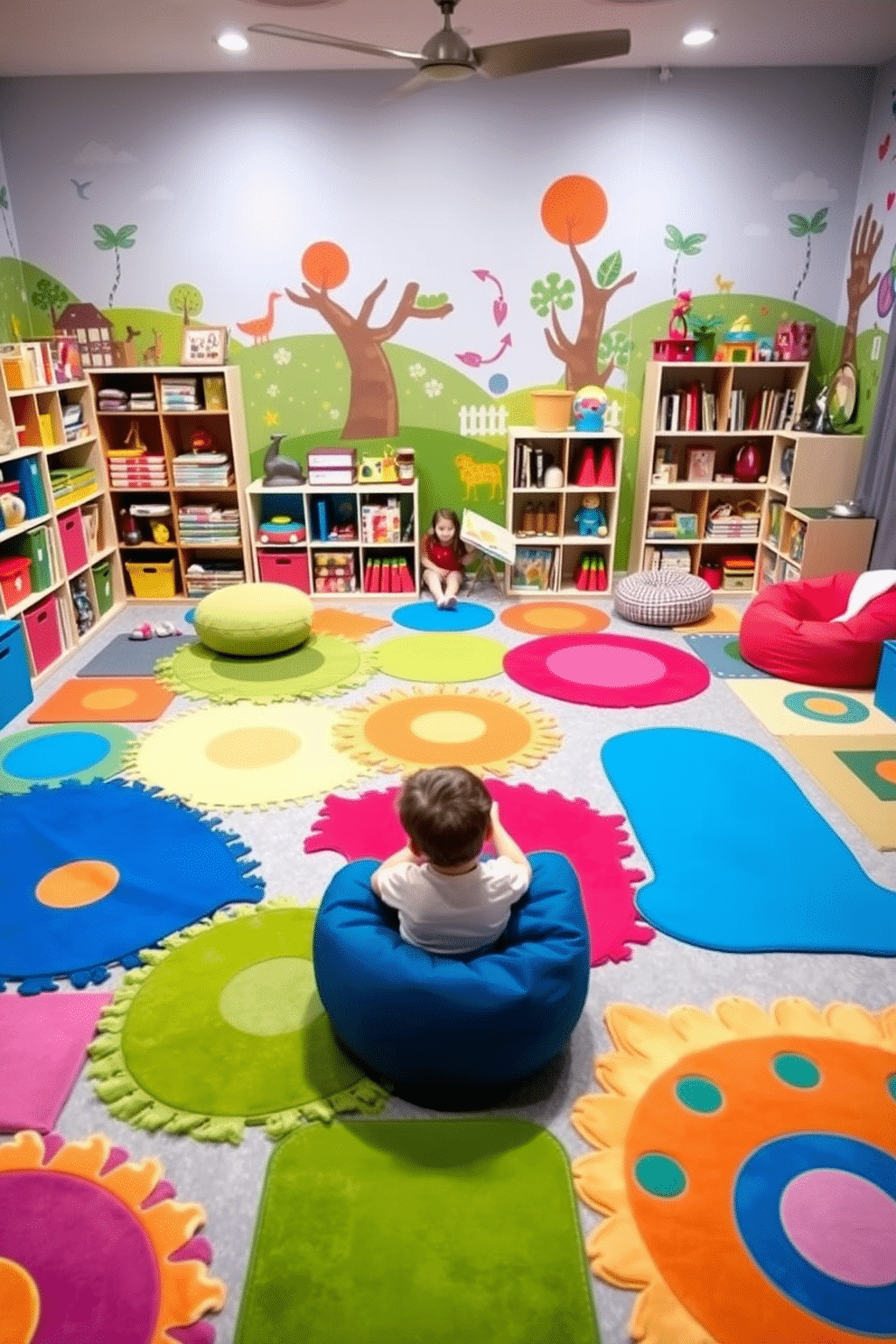 A vibrant playroom filled with energy and creativity. The floor is covered with a collection of brightly colored rugs in various shapes and sizes, providing a soft and comfortable area for children to play. The walls are adorned with playful murals depicting whimsical scenes, and shelves are filled with an assortment of toys and books. A cozy reading nook with bean bags and cushions invites kids to settle down with their favorite stories.