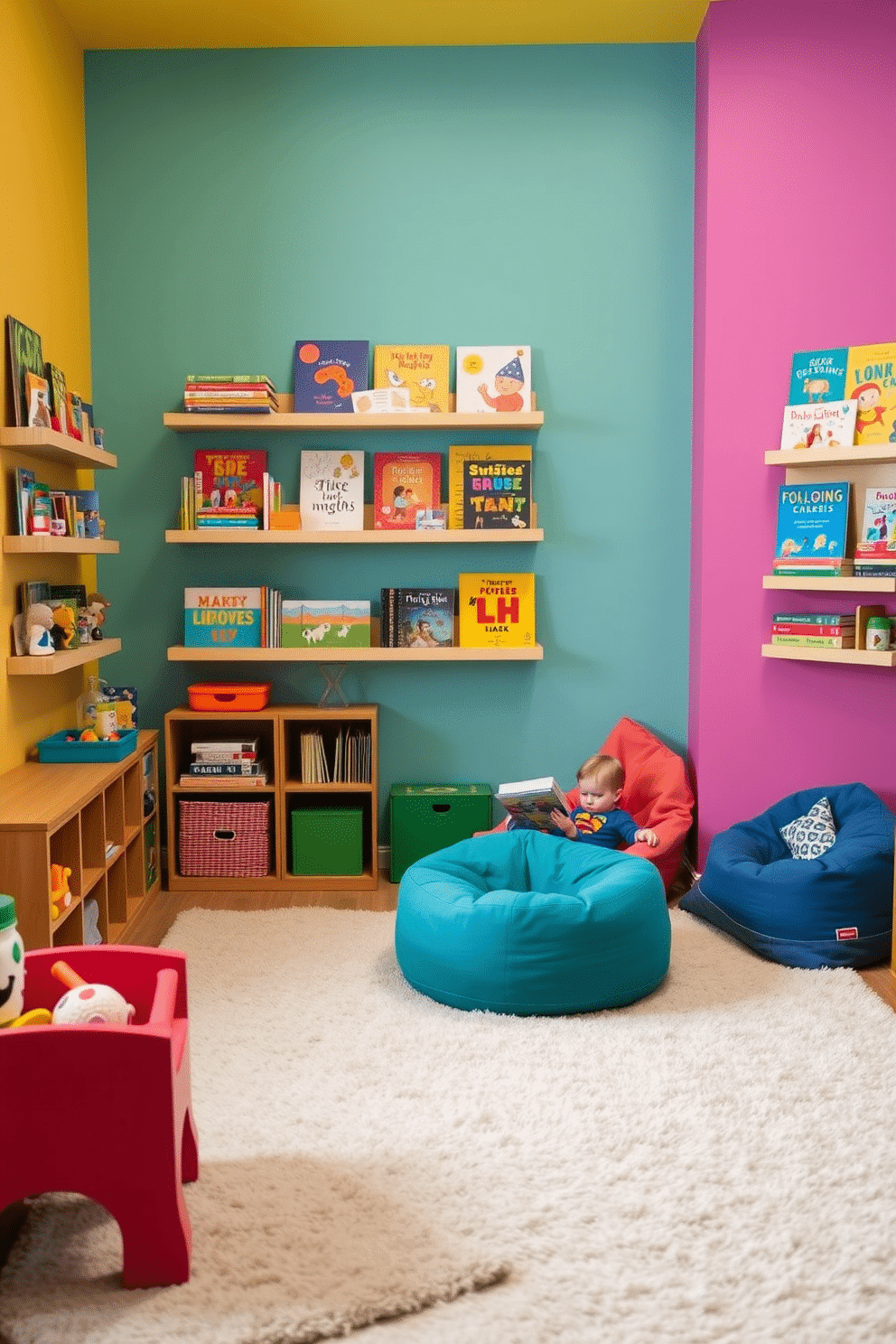 A vibrant playroom designed for creativity and learning. The walls are painted in bright, cheerful colors, and wall-mounted bookshelves are filled with an array of colorful books and toys for easy access. Soft, plush rugs cover the floor, providing a comfortable area for children to sit and play. A cozy reading nook with bean bags and cushions is nestled in one corner, inviting kids to dive into their favorite stories.