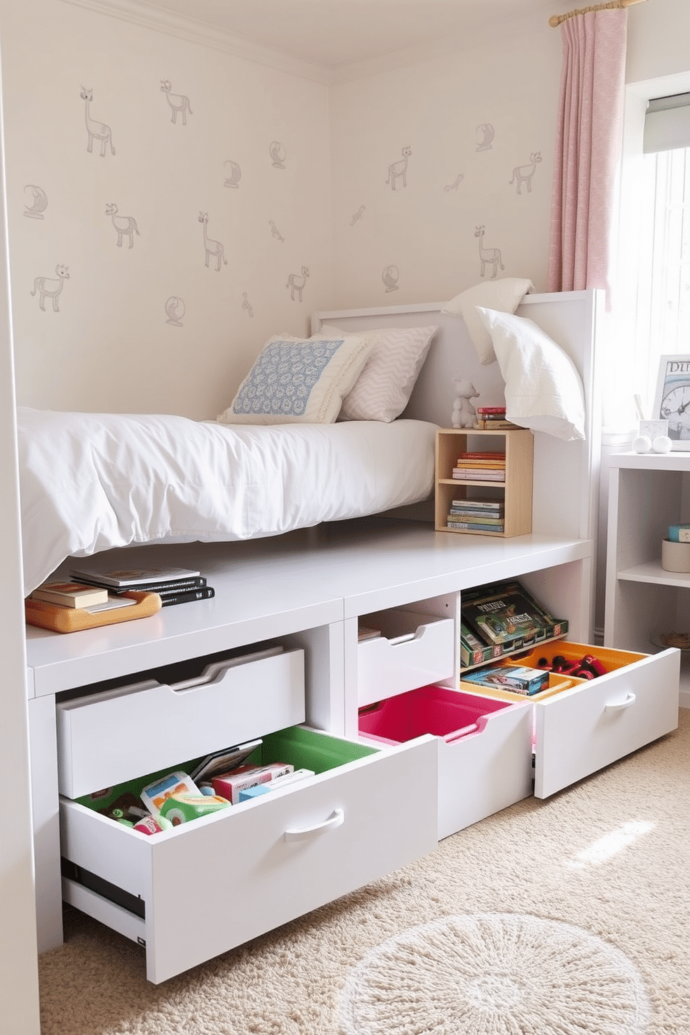 A playful and organized playroom featuring under-bed storage solutions for toys and games. The room is bright and cheerful, with a soft pastel color palette and whimsical wall decals to inspire creativity. Beneath the bed, spacious drawers are neatly arranged, filled with colorful bins that keep toys and games accessible yet out of sight. A cozy reading nook with plush cushions and a small bookshelf sits in one corner, inviting children to explore their favorite stories.