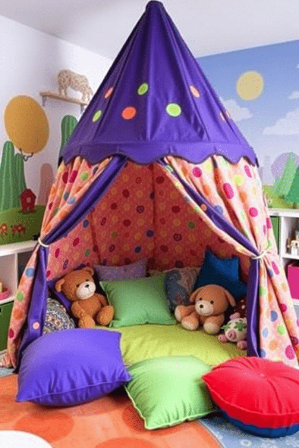 A whimsical play tent designed for imaginative adventures. It features colorful fabric with playful patterns, set up in a cozy corner of a bright playroom filled with soft cushions and plush toys. The playroom is designed with vibrant colors and interactive elements. Wall murals depict fantastical landscapes, and a variety of storage solutions keep toys organized and easily accessible.