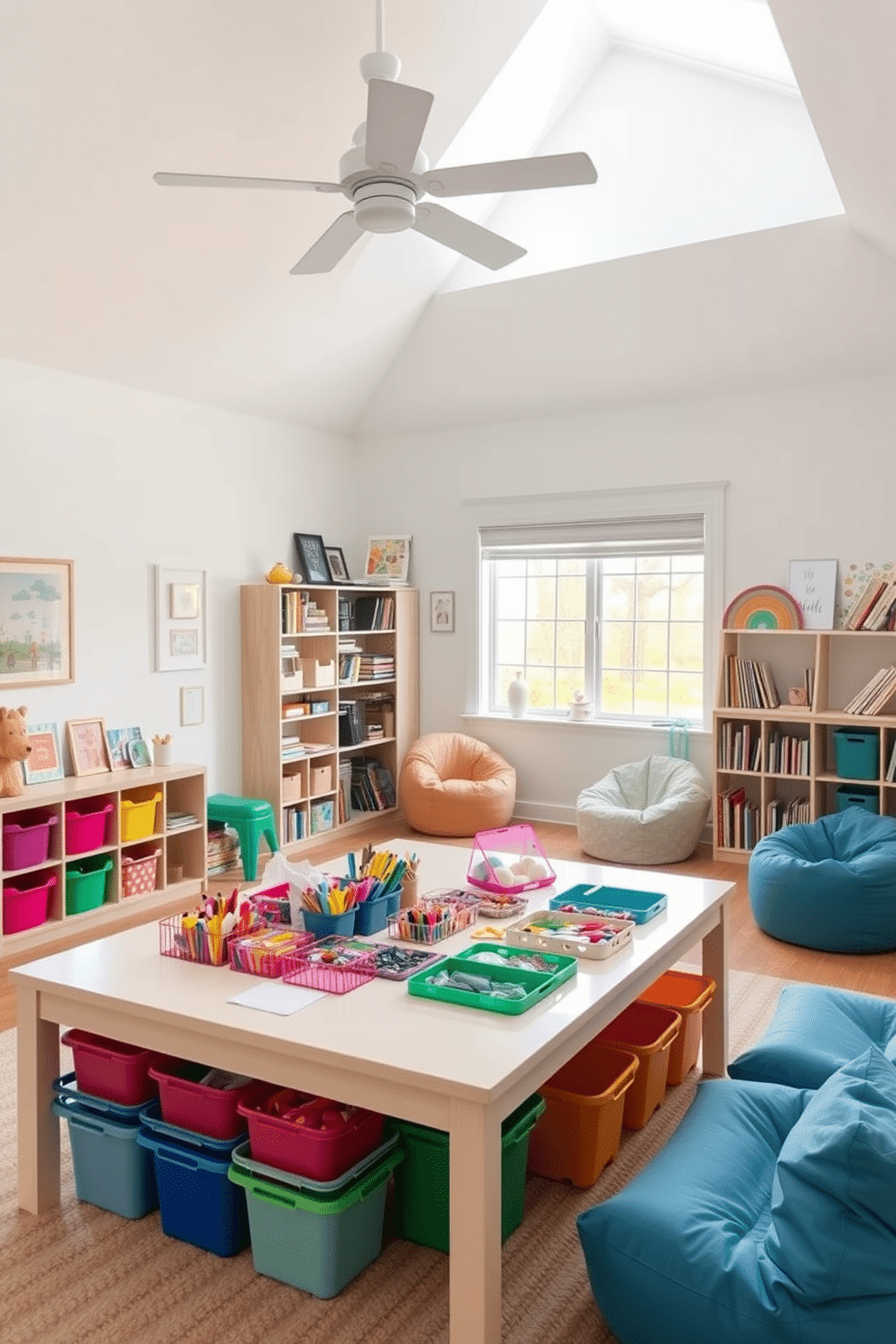 A bright and cheerful playroom filled with natural light. The focal point is a large craft table with organized supplies neatly arranged in colorful bins, encouraging creativity and play. The walls are painted in a soft pastel hue, and playful artwork adorns the space. A cozy reading nook with bean bags and shelves filled with books adds to the inviting atmosphere.