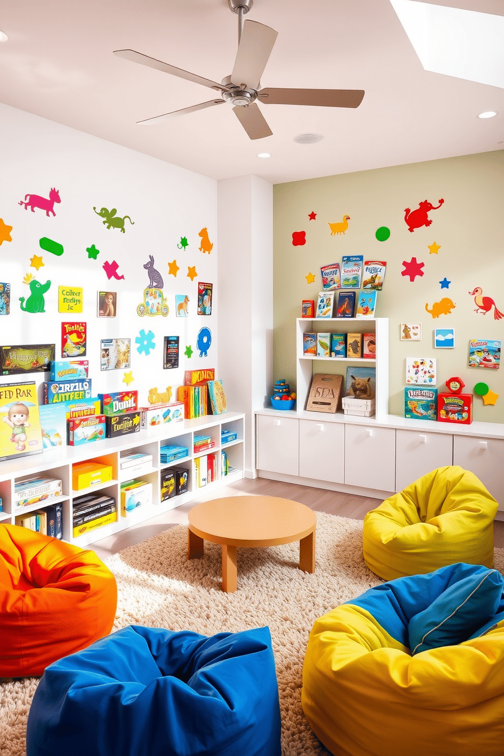 A vibrant playroom designed for family fun, featuring a colorful puzzle and game corner. The space is filled with a variety of board games and puzzles neatly organized on low shelves, with a soft, plush rug underfoot for comfort. Brightly colored bean bags and cushioned seating create an inviting area for family gatherings. Cheerful wall decals of playful animals and shapes add a whimsical touch, while natural light streams in through large windows, enhancing the playful atmosphere.