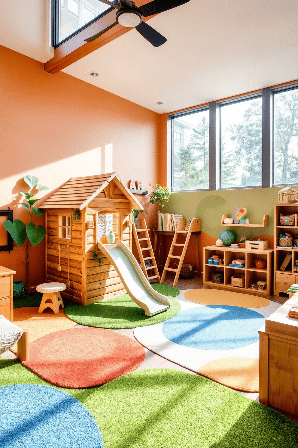 A vibrant playroom filled with outdoor-inspired elements that evoke a sense of nature. The walls are painted in soft earth tones, and large windows let in ample natural light, creating a cheerful atmosphere. In one corner, a whimsical treehouse structure serves as a play area, complete with a slide and climbing ropes. Natural wood finishes and colorful, nature-themed decor enhance the playful environment, while plush rugs mimic the feel of grass underfoot.