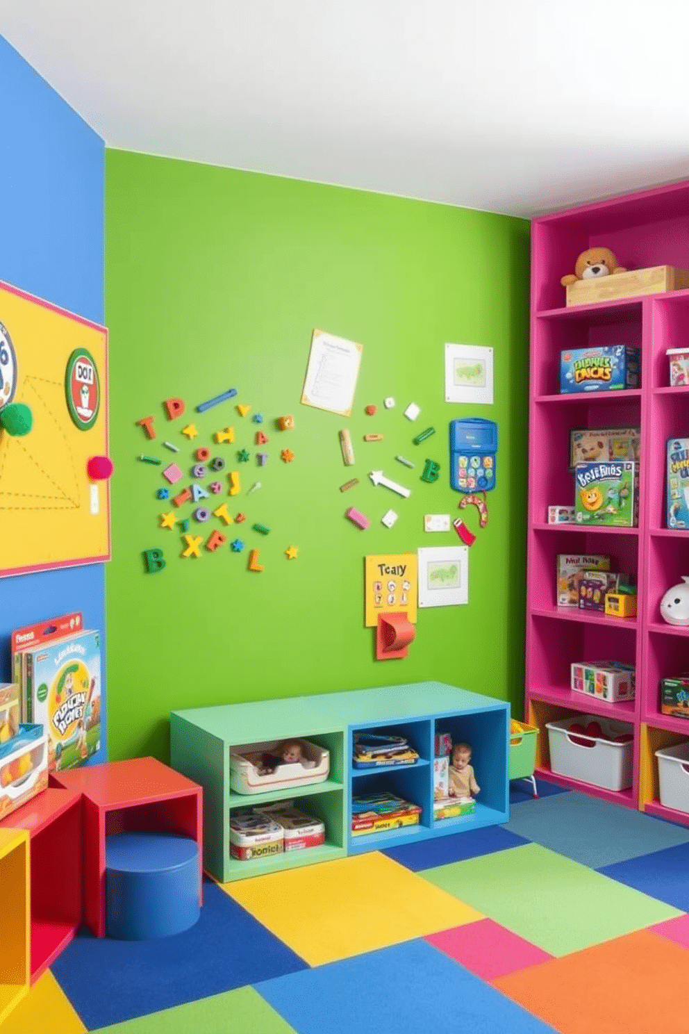 A vibrant playroom designed for educational play features a magnetic wall painted in a bright primary color, encouraging creativity and interactive learning. Surrounding the wall are various educational toys and games, neatly organized on colorful shelving units, creating an inviting and stimulating environment for children.