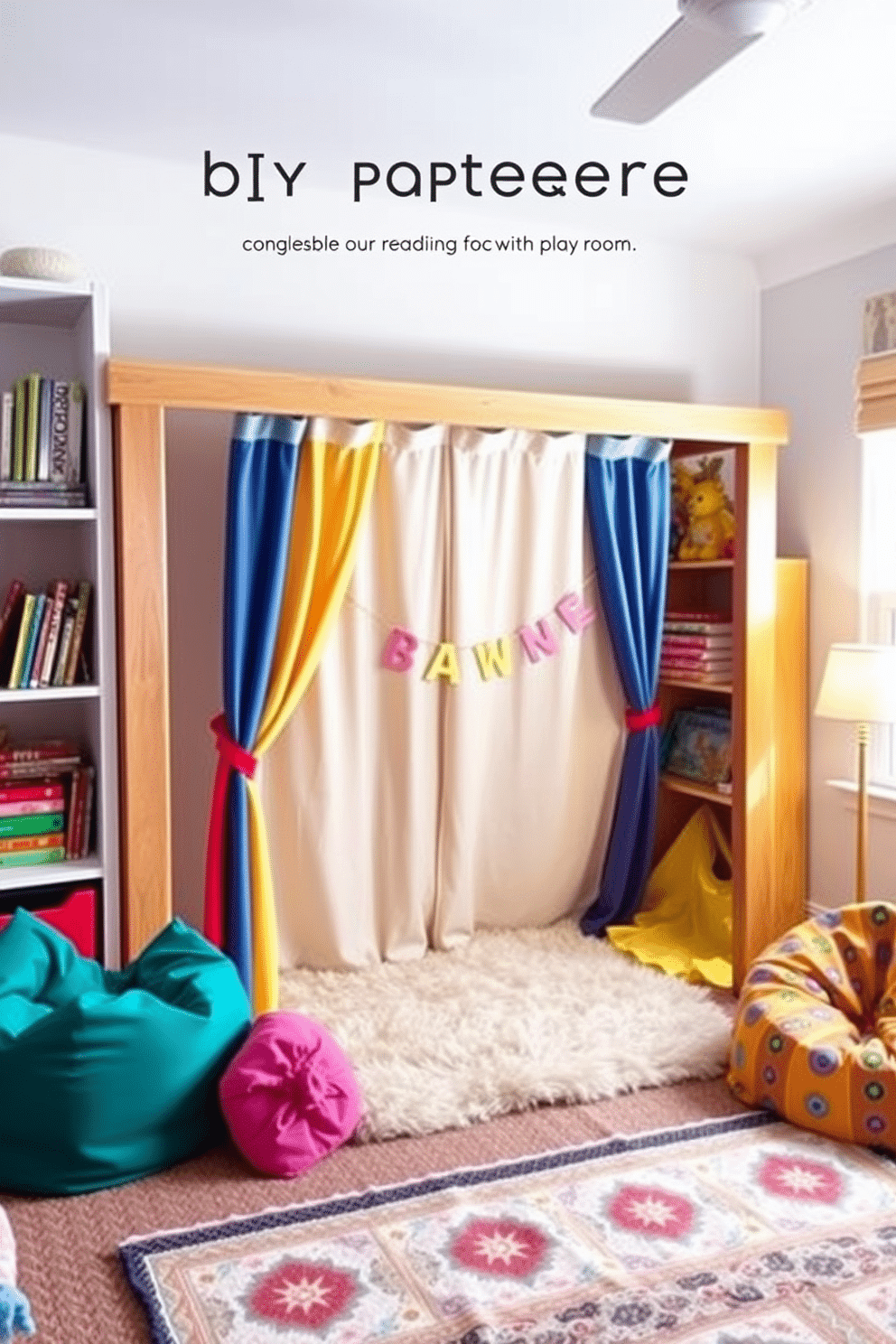 A charming DIY puppet theater is set up in a cozy playroom, featuring a colorful curtain made of soft fabric that can be drawn open and closed. The theater is framed with wooden beams, and a small stage area is adorned with whimsical decorations, inviting children to engage in imaginative storytelling. The playroom is designed with vibrant colors and playful patterns, showcasing a soft rug that provides a comfortable play area. Shelves filled with books and toys line the walls, while a cozy reading nook with bean bags encourages quiet time and creativity.