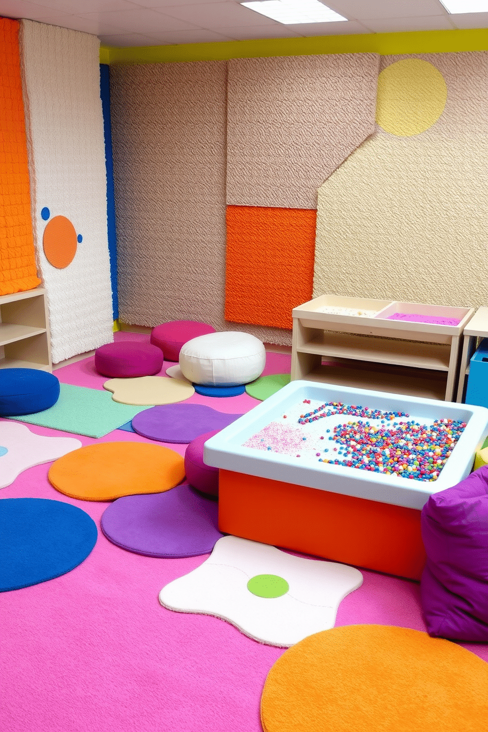 A vibrant sensory play area filled with various textures invites exploration and creativity. Soft, colorful rugs in different shapes cover the floor, while textured wall panels provide tactile experiences for children. In one corner, a large sensory table is filled with sand, water beads, and kinetic sand, encouraging hands-on play. Brightly colored cushions and bean bags create cozy seating areas for storytelling and relaxation.