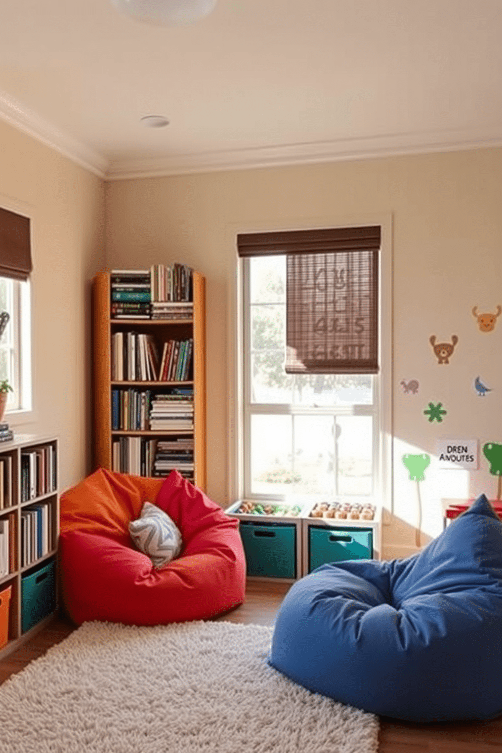 Cozy reading nook with bean bags. A small corner of the room is adorned with soft, oversized bean bags in vibrant colors, inviting relaxation. A tall bookshelf filled with an eclectic mix of books stands against the wall, while a large window allows natural light to flood in, creating a warm and inviting atmosphere. Playroom Design Ideas. The playroom features a bright and playful color palette, with wall decals of whimsical animals and shapes. A soft, plush rug covers the floor, providing a comfortable area for children to play, while storage bins filled with toys are neatly organized within easy reach.