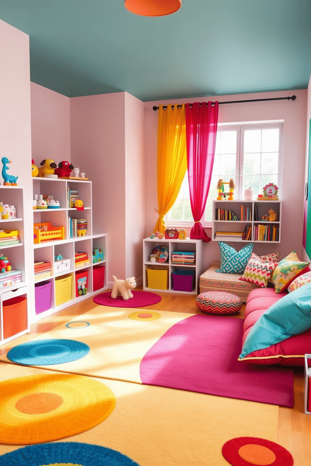 A playful playroom filled with vibrant colors and fun patterns. The walls are painted in a soft pastel shade, while colorful curtains frame the windows, adding a cheerful touch to the room. Brightly colored rugs cover the floor, providing a soft area for play. Shelves filled with toys and books line one wall, and a cozy reading nook with oversized cushions invites relaxation and creativity.