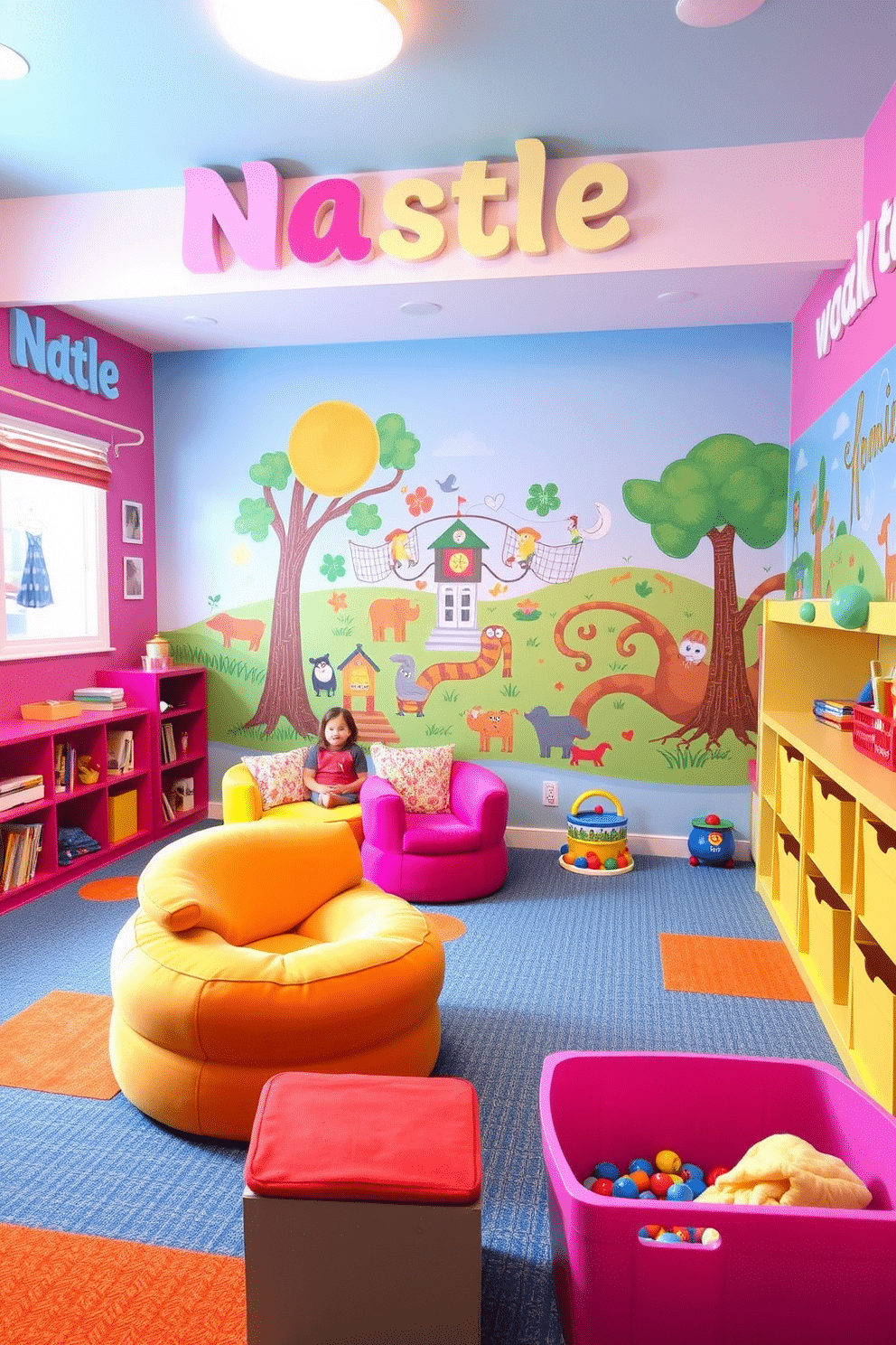 A whimsical playroom filled with vibrant colors and playful patterns. The walls are adorned with personalized name wall art featuring fun fonts and cheerful illustrations that reflect each child's personality. Soft, plush seating options in bright hues create a cozy reading nook. A large, interactive wall mural provides an engaging backdrop for creative play, while colorful storage bins keep toys organized and accessible.