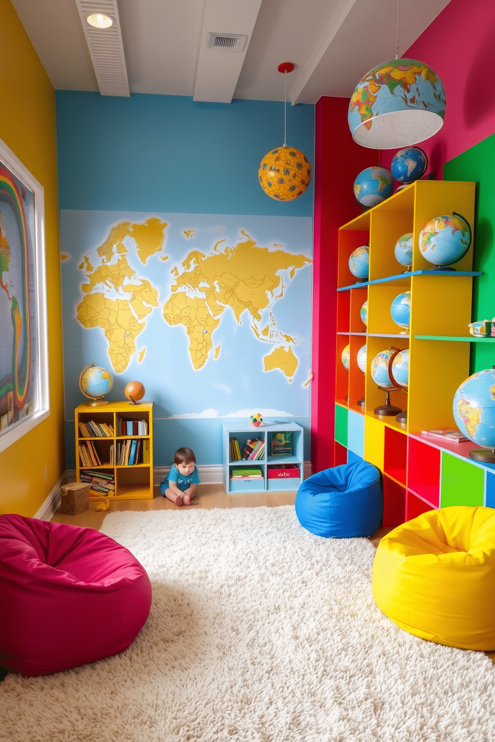 A vibrant playroom filled with interactive globes and maps designed for learning. The walls are painted in bright colors, with a large world map mural serving as a focal point, while a variety of globes are strategically placed on colorful shelves. In one corner, a cozy reading nook features bean bags and a small bookshelf stocked with educational books. A large, soft rug covers the floor, providing a comfortable space for children to sit and explore the interactive elements scattered throughout the room.