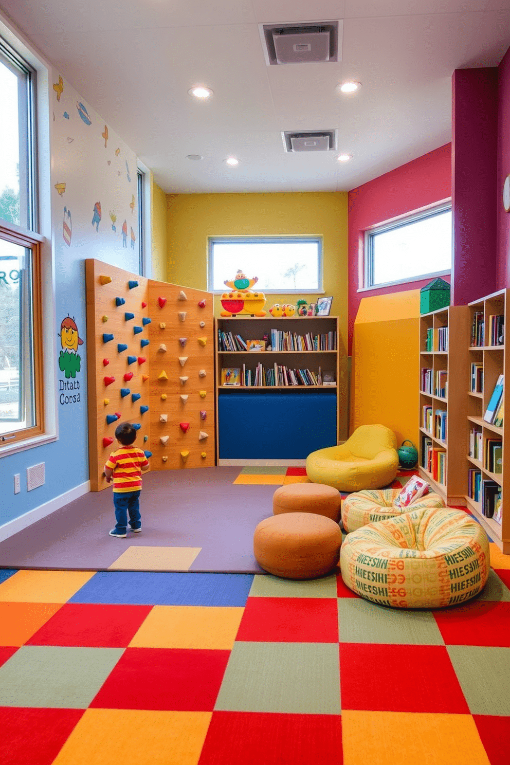 A vibrant playroom designed for active children, featuring a mini climbing wall that encourages physical activity and exploration. The walls are painted in bright colors, with soft mats underneath the climbing area for safety, and playful artwork adorns the space. In one corner, a cozy reading nook with bean bags and shelves filled with books invites quiet time after play. The floor is covered in a durable, colorful carpet that adds warmth and comfort, while large windows let in plenty of natural light.