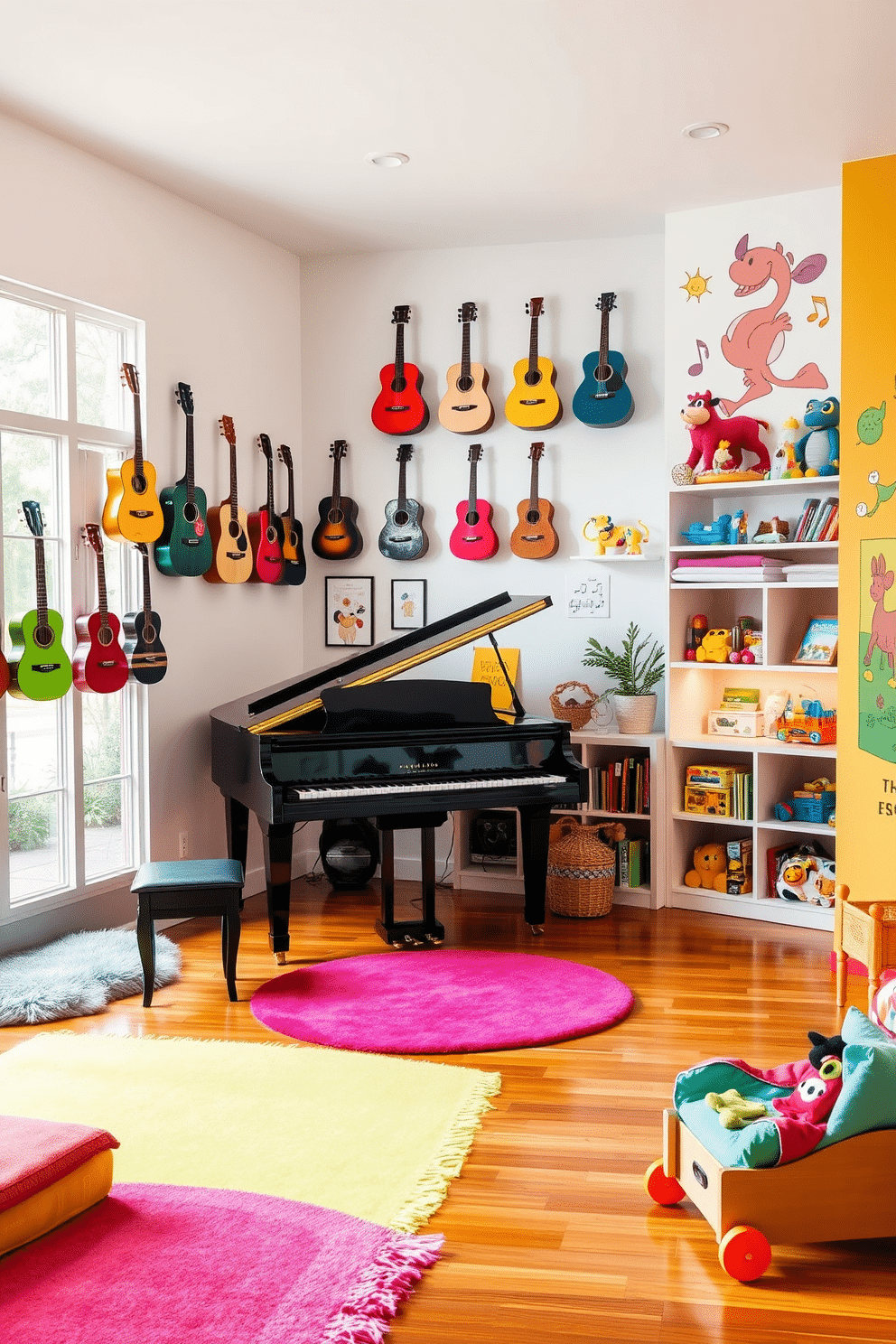 A vibrant music corner designed for creativity, featuring a grand piano in polished ebony, surrounded by a collection of colorful acoustic guitars displayed on the wall. Plush rugs in bright hues cover the hardwood floor, while large windows let in natural light, illuminating a cozy reading nook with a comfortable armchair and a small bookshelf filled with music scores and inspirational books. A playful playroom filled with imaginative design ideas, showcasing a soft, multi-colored foam floor mat that cushions the space for active play. Brightly painted walls adorned with whimsical murals create an inviting atmosphere, while a variety of toys and games are neatly organized in open shelving, encouraging creativity and exploration.