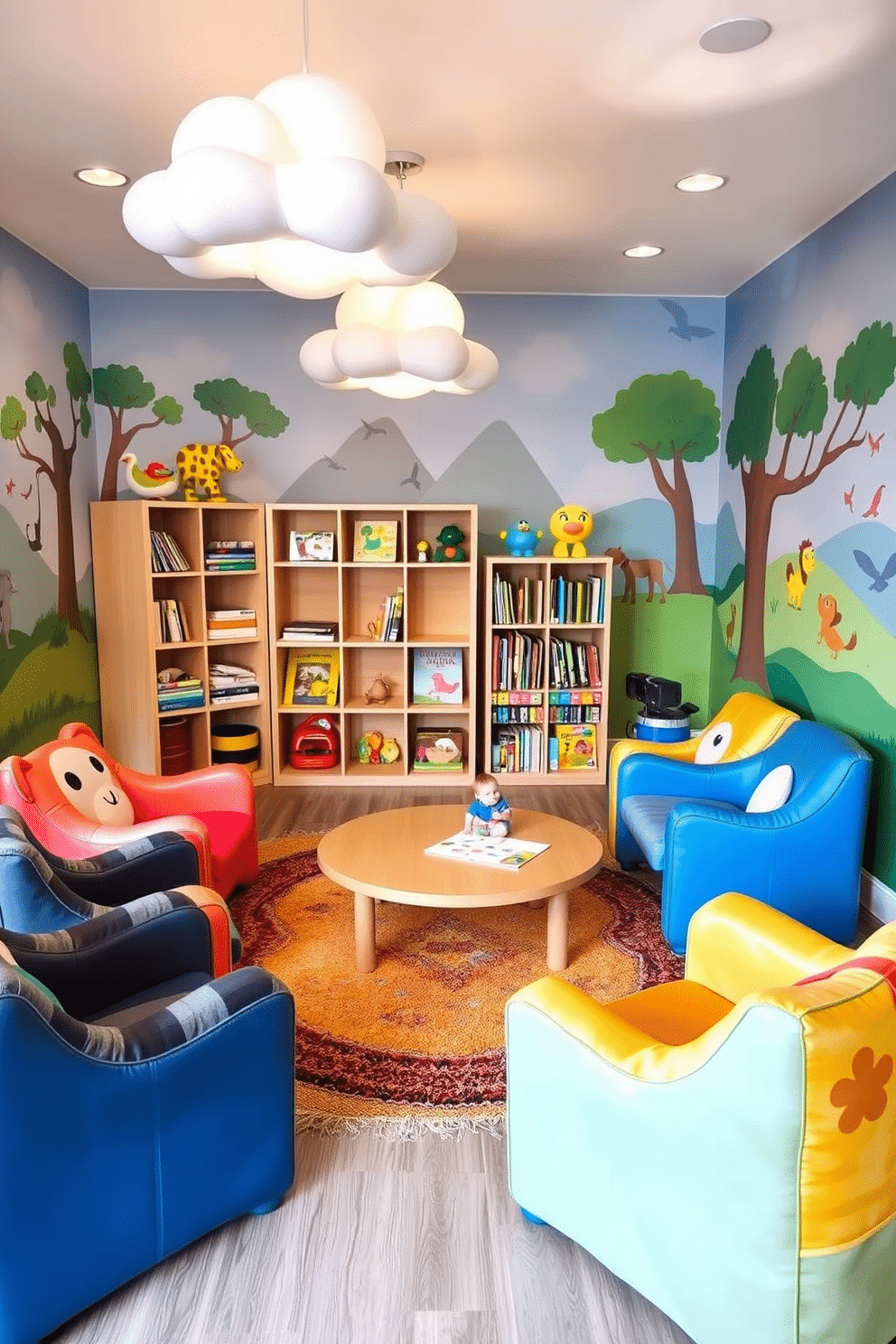 A playful playroom featuring themed seating in the form of whimsical animal chairs, each designed to resemble different animals with vibrant colors and textures. The walls are adorned with cheerful murals of nature scenes, and a soft, colorful rug covers the floor, providing a cozy area for children to sit and play. In one corner, a large bookshelf filled with children's books and toys complements the seating, while a low table invites creative activities like drawing and crafting. Soft lighting fixtures shaped like clouds hang from the ceiling, adding to the imaginative atmosphere of the space.