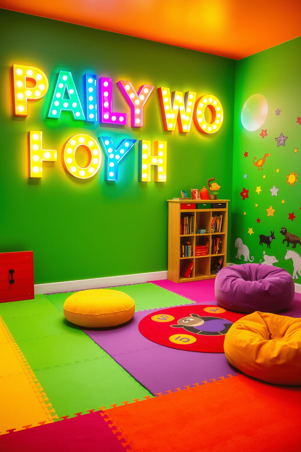 A vibrant playroom filled with colorful light-up marquee letters spelling out playful words and phrases. The walls are painted in bright primary colors, and the floor is covered with soft, interlocking foam tiles for safety and comfort. In one corner, a cozy reading nook features a small bookshelf filled with children's books, surrounded by plush bean bags in various shapes. Brightly colored rugs add texture, while whimsical wall decals of animals and stars create an enchanting atmosphere.