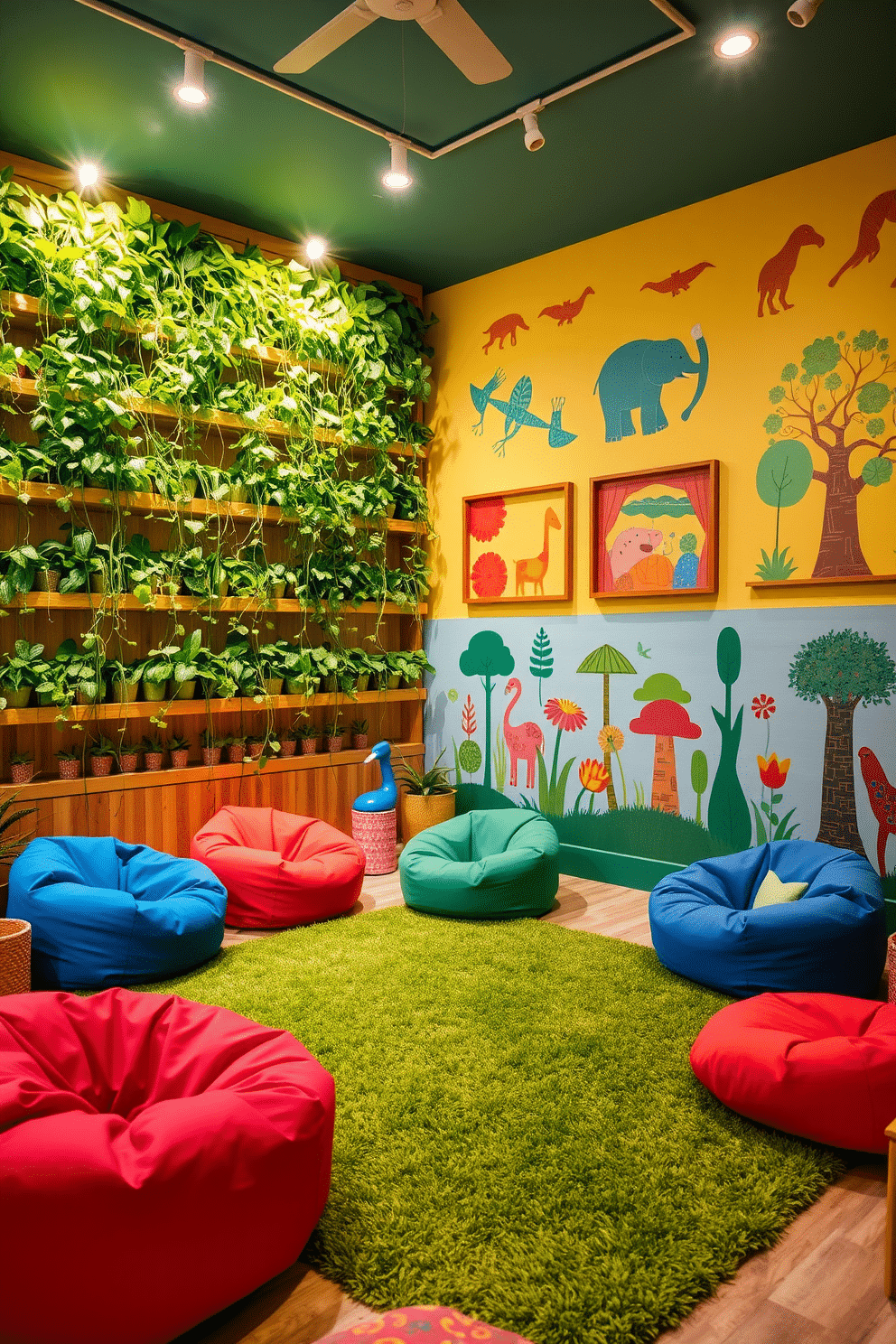 A vibrant playroom filled with nature-themed decor, featuring a wall of lush green plants cascading down from wooden shelves. The space is adorned with playful, colorful furniture, including bean bags and a large rug that mimics a grassy meadow. Brightly colored wall art showcases various elements of nature, such as animals and trees, creating an immersive environment. Soft lighting enhances the cheerful atmosphere, making it a perfect retreat for children to play and explore.