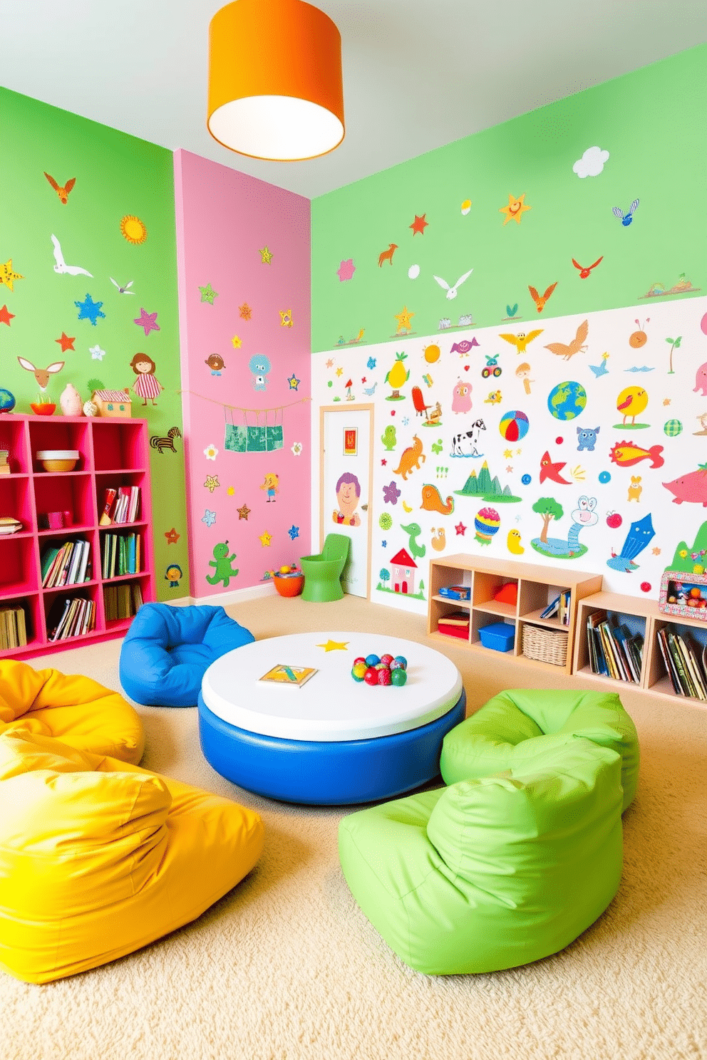 A vibrant playroom filled with colorful stickers and decals that can be easily updated as children's interests change. The walls are painted in a bright, cheerful hue, and the floor is covered with soft, plush carpeting for comfort during playtime. A variety of playful furniture pieces, including a low table surrounded by bean bags and a cozy reading nook with shelves filled with children's books. Fun, interactive wall decals depict whimsical characters and scenes, creating an engaging environment for creativity and learning.