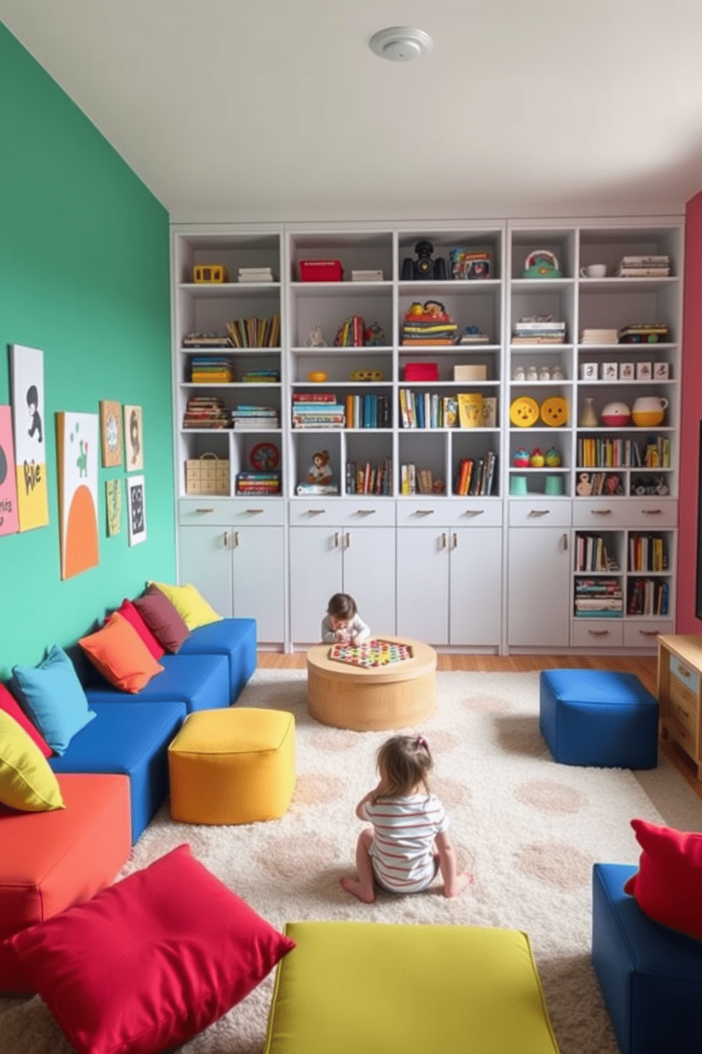 A vibrant playroom featuring flexible furniture that adapts to various activities. The space includes modular seating that can be rearranged for games or quiet reading, with colorful cushions scattered around for comfort. Brightly colored walls create an inviting atmosphere, while a large, soft rug provides a safe play area. Shelving units are filled with toys and books, easily accessible to encourage creativity and exploration.