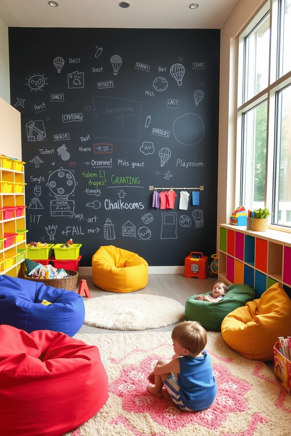 A playful playroom featuring an interactive chalkboard wall that encourages creativity and artistic expression. The space is filled with colorful bean bags and plush rugs, creating a cozy area for children to relax and play. Brightly colored storage bins are neatly arranged along one wall, providing easy access to toys and art supplies. Large windows allow natural light to flood the room, enhancing the cheerful atmosphere.