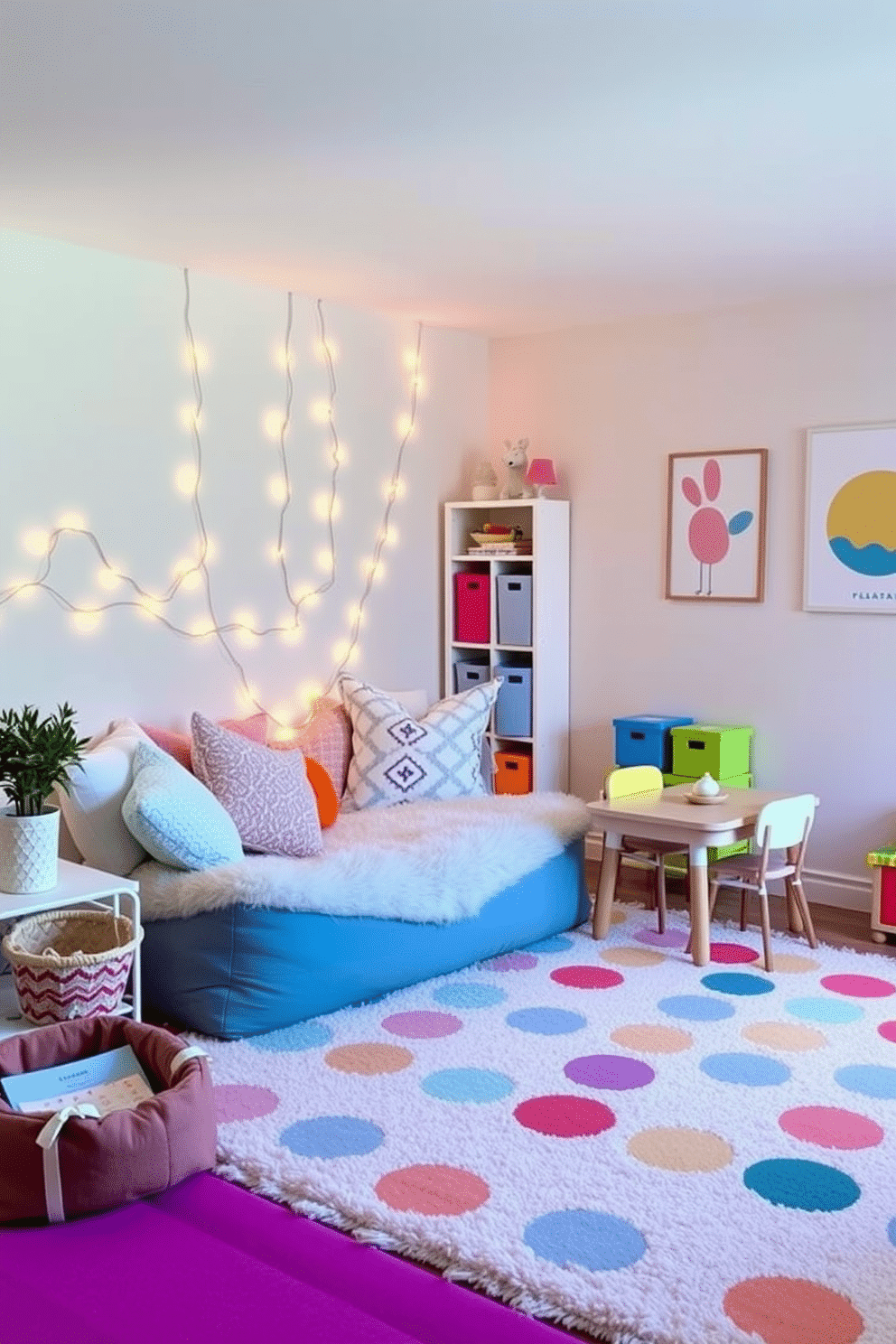 A cozy corner filled with soft cushions and warm fairy lights creates an inviting atmosphere perfect for relaxation. The walls are painted in a soft pastel hue, and a plush area rug adds comfort underfoot. For the playroom, envision a vibrant space with colorful storage bins and playful wall art. A large, cushioned play mat covers the floor, while a small table with chairs invites creativity and fun activities.