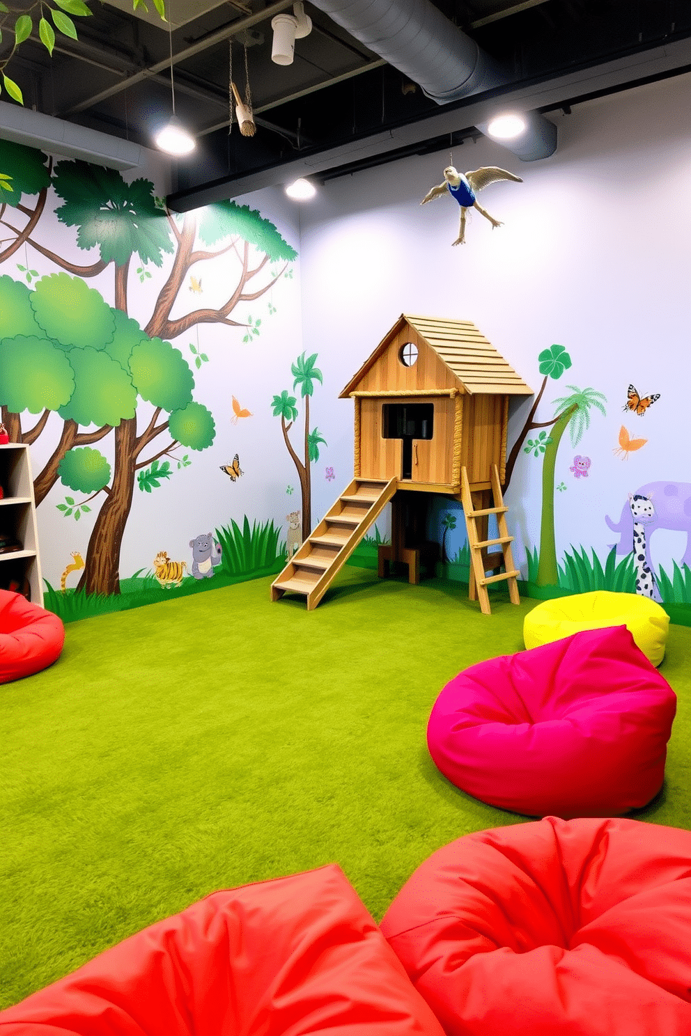 A vibrant playroom designed as a themed jungle adventure. The walls are adorned with colorful murals of trees and animals, while a soft green carpet mimics grass underfoot. In one corner, a climbing structure resembles a treehouse, complete with a slide and rope ladder. Cozy bean bags in bright colors are scattered around for comfortable seating during storytime or imaginative play.