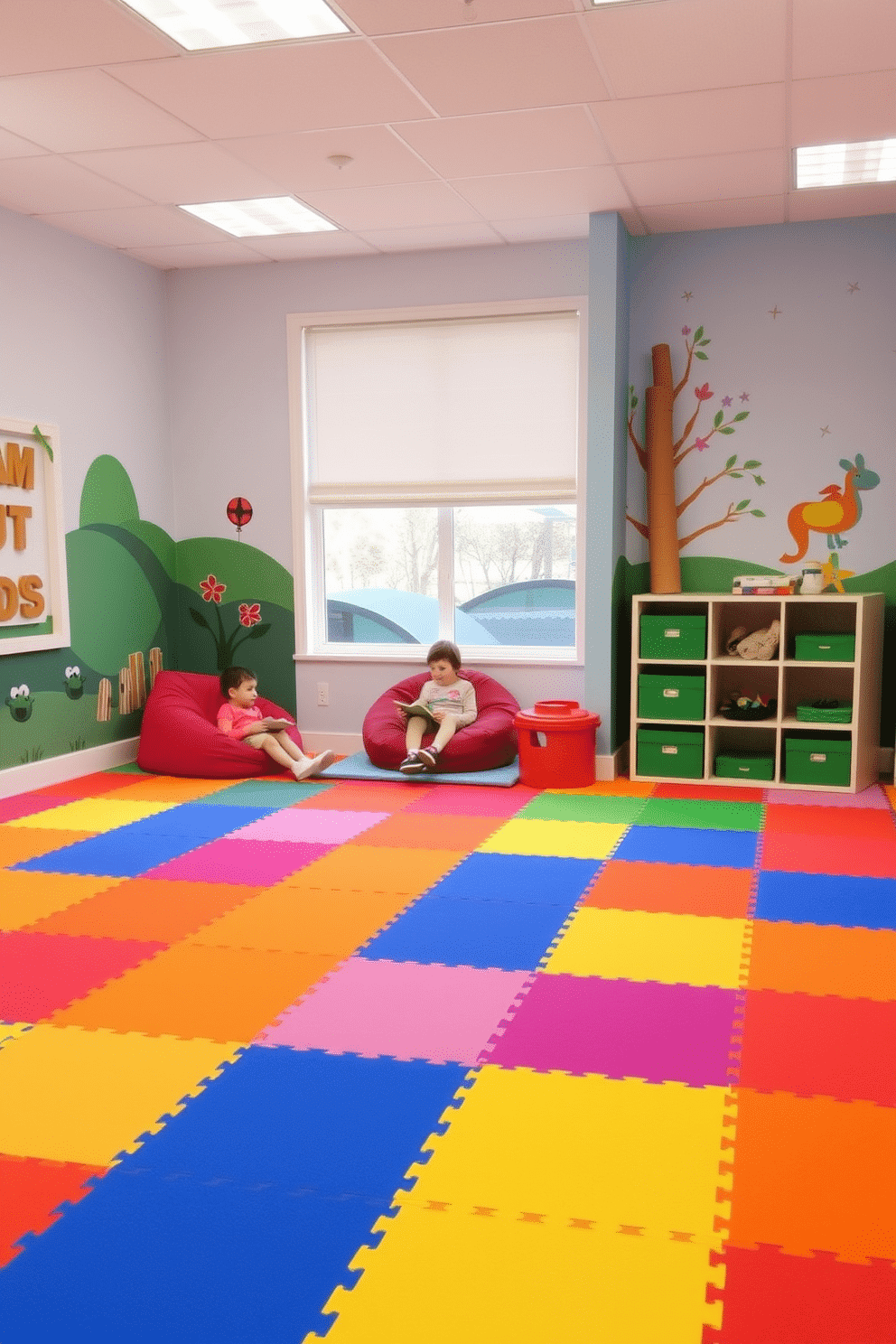 A vibrant playroom filled with soft foam floor tiles in bright colors for safety and comfort. The walls are adorned with playful murals, and a cozy reading nook with bean bags invites children to relax.