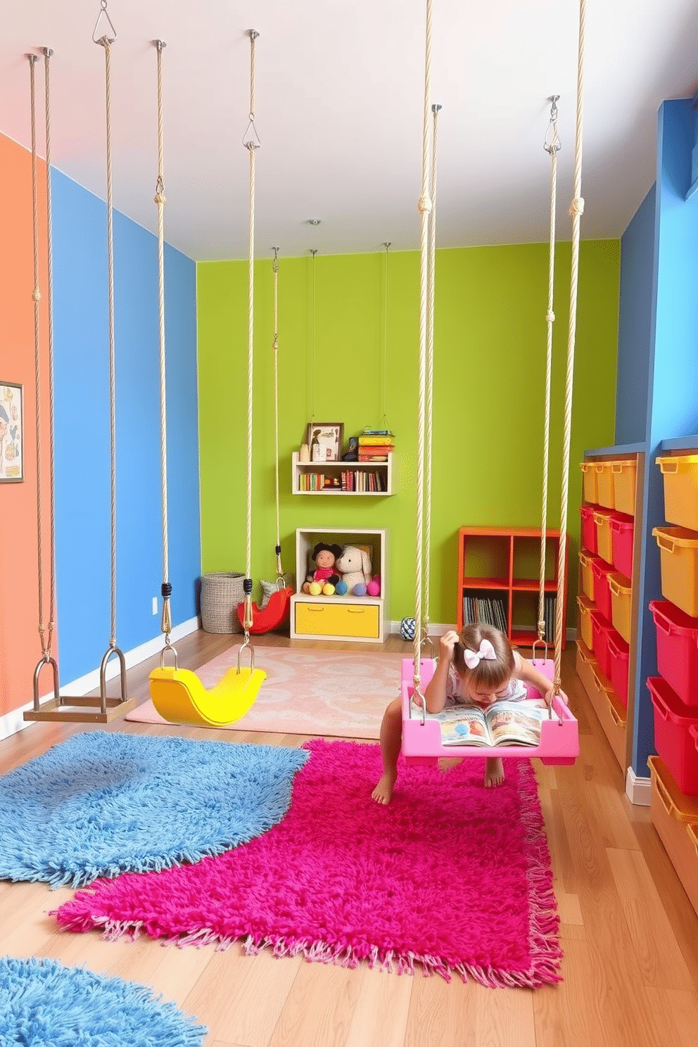 A vibrant playroom filled with hanging swings creates an inviting atmosphere for children to enjoy indoor fun. The walls are painted in cheerful colors, and plush rugs cover the floor, providing a soft landing for playful activities. In one corner, a cozy reading nook is adorned with colorful cushions and a small bookshelf filled with stories. Brightly colored storage bins line the walls, keeping toys organized and easily accessible for little hands.