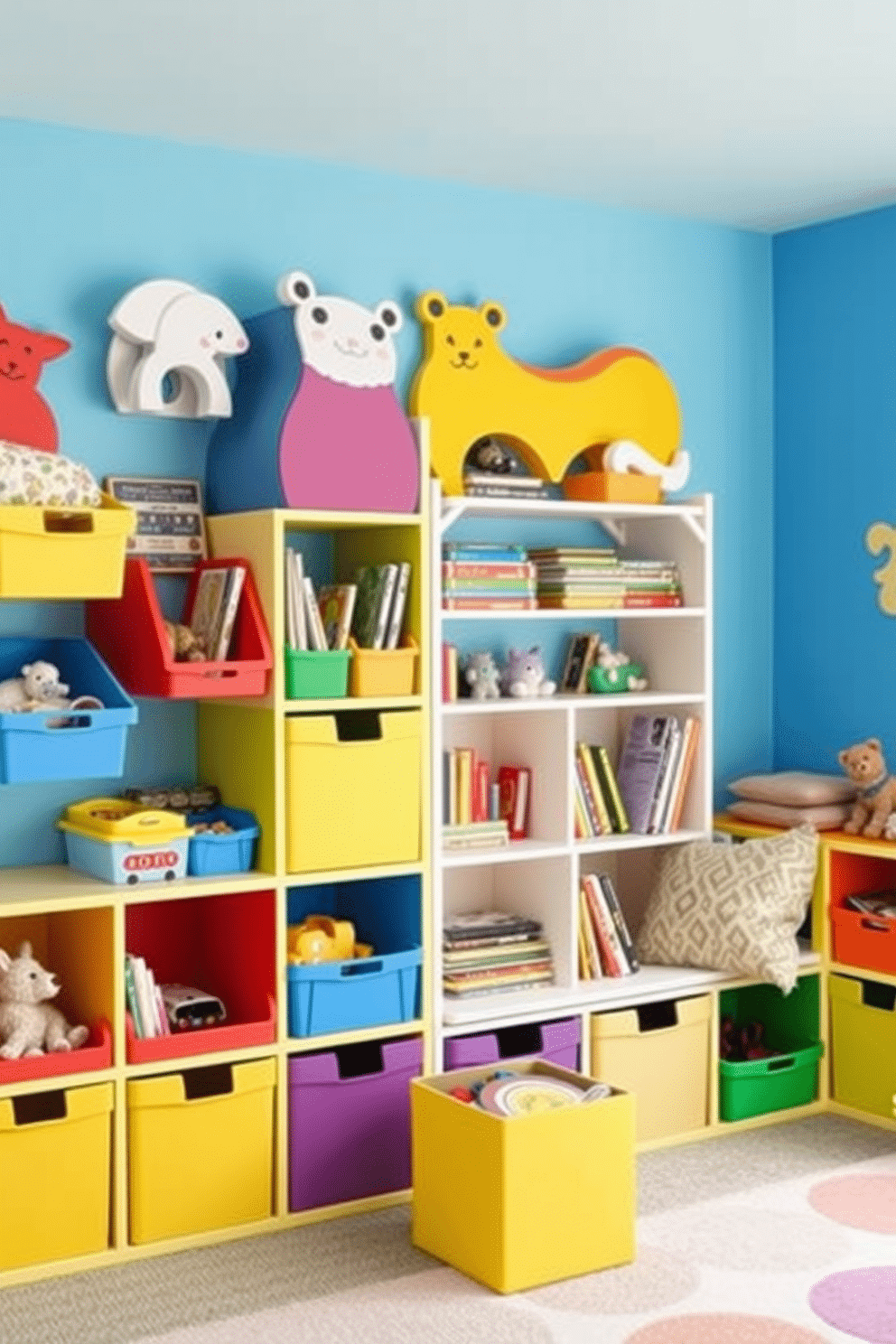 A vibrant playroom filled with imaginative storage solutions. Colorful bins and shelves shaped like animals provide fun and functional organization for toys and books. The walls are painted in bright, cheerful colors, creating an inviting atmosphere. A cozy reading nook with a small bookshelf and plush cushions adds a whimsical touch to the space.