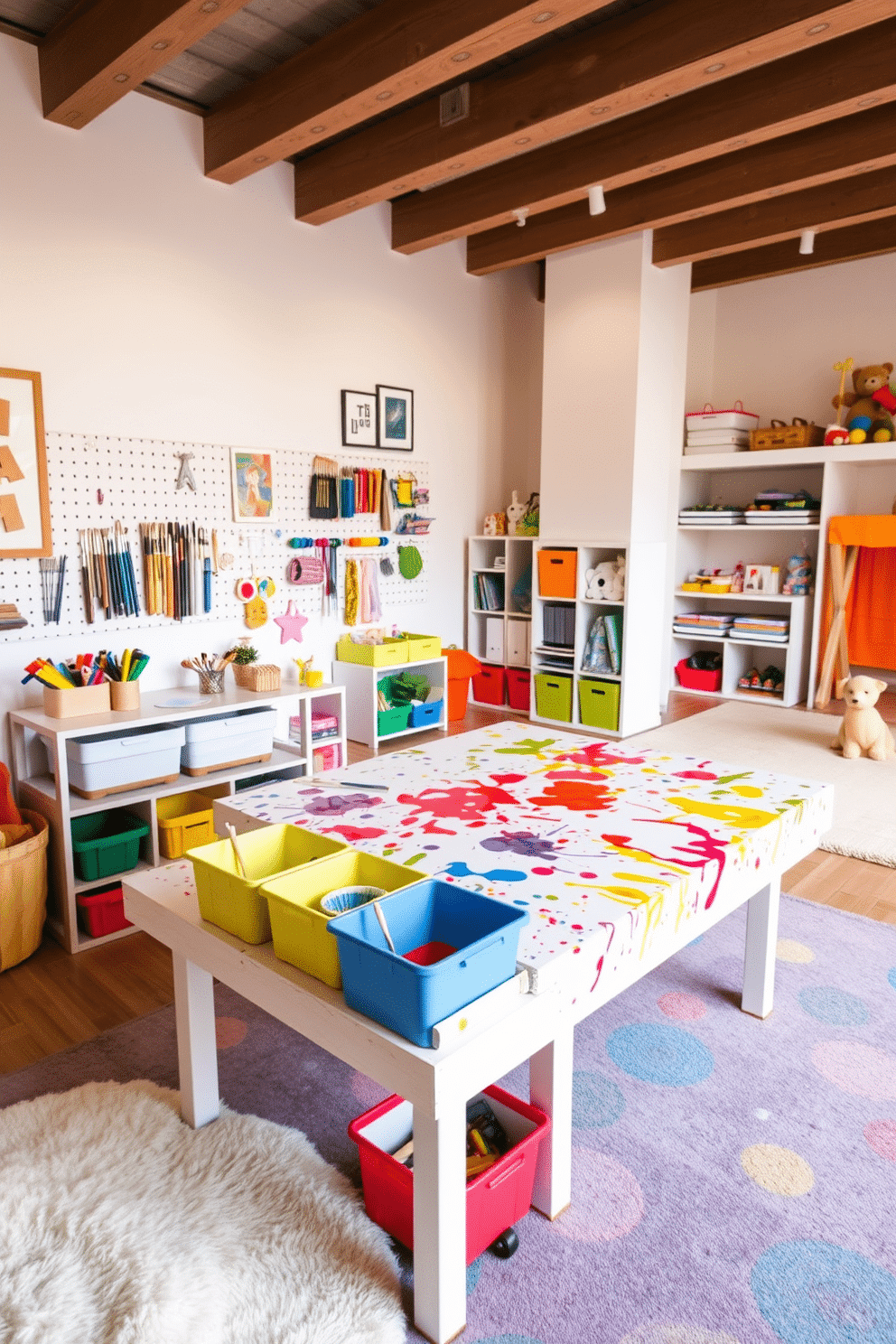 A vibrant art station for creative expression, featuring a large, bright table covered in paint splatters and an array of art supplies neatly organized in colorful bins. The walls are adorned with inspiring artwork and a pegboard holding brushes, palettes, and tools, while a cozy rug invites artists to sit and create. A whimsical playroom designed for imagination, with soft, pastel-colored walls and a variety of play zones including a reading nook with plush cushions and a mini stage for performances. The floor is cushioned with a large, playful area rug, and shelves are filled with toys, books, and art supplies, creating an inviting space for endless fun.