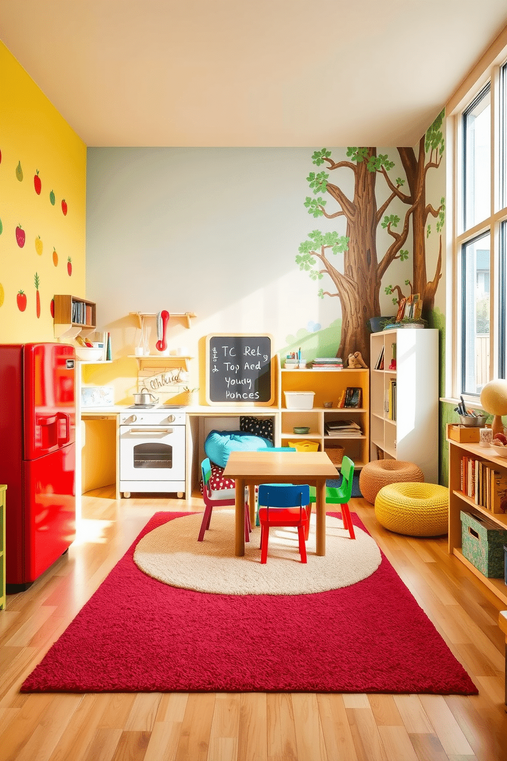 A charming miniature kitchen designed for role-playing activities. The space features a bright red refrigerator, a white stove with a classic oven, and a small wooden table surrounded by colorful chairs. The walls are painted in a cheerful yellow, adorned with playful decals of fruits and vegetables. A set of miniature utensils and pots hangs above the sink, while a soft rug in the center adds warmth to the playful environment. A whimsical playroom filled with vibrant colors and interactive elements. The room includes a cozy reading nook with bean bags, a chalkboard wall for creativity, and shelves stocked with toys and books. Brightly colored rugs define different play zones, while large windows allow natural light to flood the space. A mural of a whimsical forest decorates one wall, inspiring imaginative adventures for children.