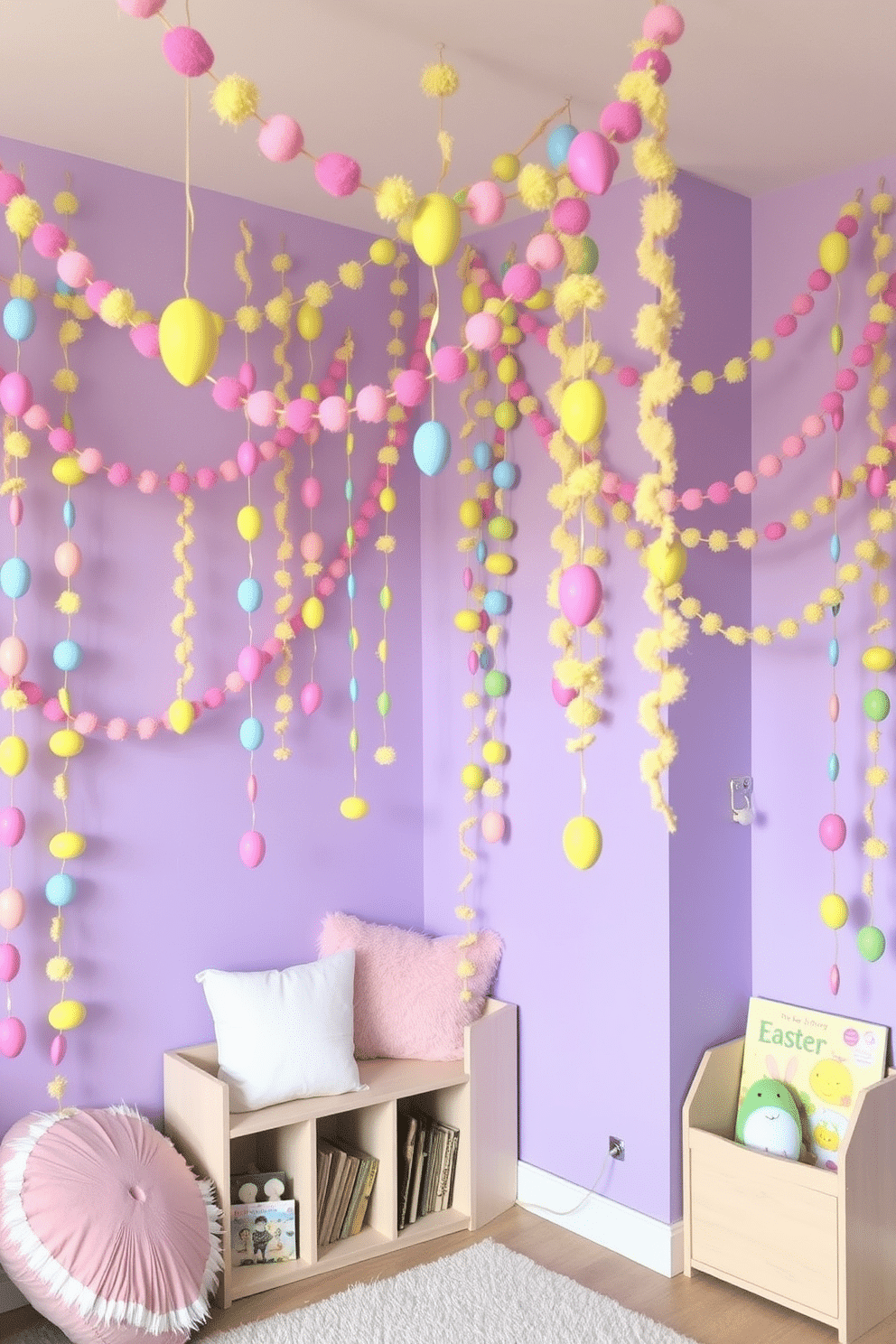 A vibrant playroom filled with colorful Easter egg garlands draped across the walls. The garlands feature pastel-colored eggs in pink, blue, yellow, and green, creating a festive atmosphere. In one corner, a cozy reading nook with plush cushions and a small bookshelf adorned with Easter-themed books. The walls are painted in a soft lavender hue, complementing the playful decorations.