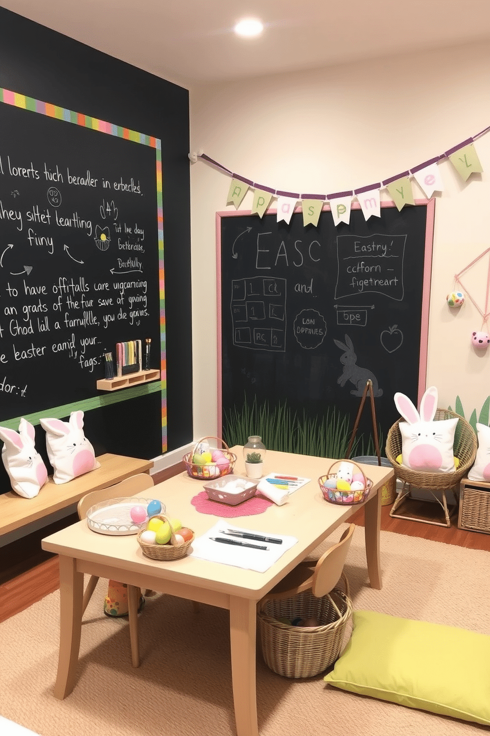 An interactive chalkboard wall covers one side of the playroom, allowing children to unleash their creativity. The wall is framed with colorful borders, and a wooden shelf below it holds chalk and erasers, inviting endless doodling and learning. The playroom is adorned with Easter decorations, featuring pastel-colored banners and bunny-themed cushions. A central table is set up for crafting, with baskets of Easter eggs, paints, and brushes, encouraging imaginative holiday creations.