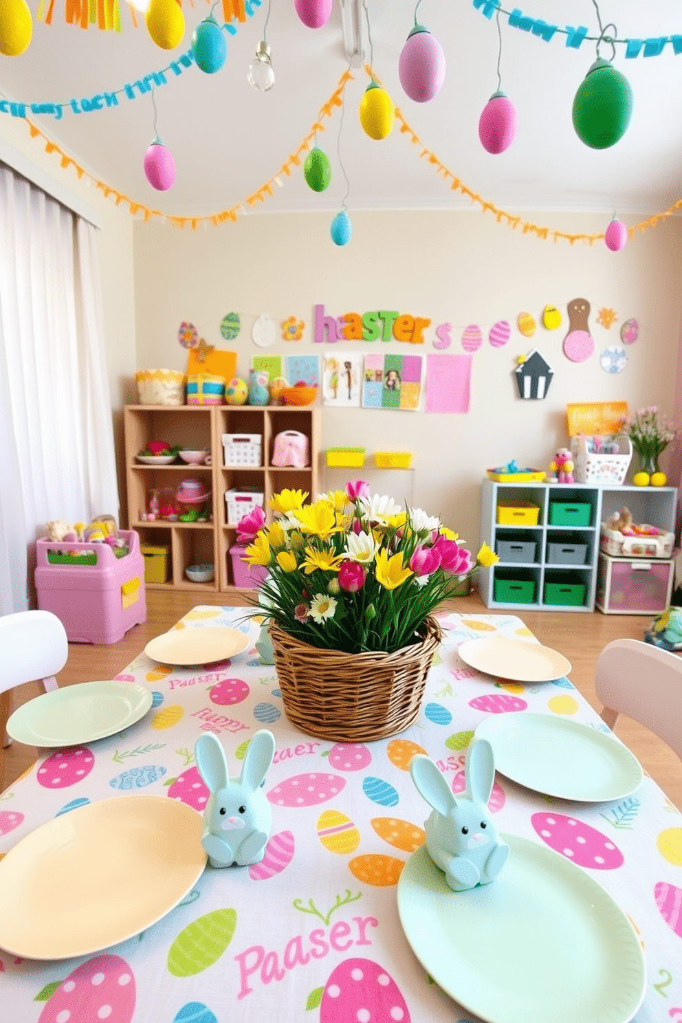 A lively playroom is decorated for Easter, featuring a colorful tablecloth adorned with cheerful Easter motifs. The table is set with pastel-colored plates, bunny-shaped napkin holders, and a centerpiece of fresh spring flowers in a wicker basket. In the background, a wall-mounted shelf displays an array of Easter-themed crafts and toys. Brightly colored paper garlands and egg-shaped string lights hang from the ceiling, casting a festive glow over the room.