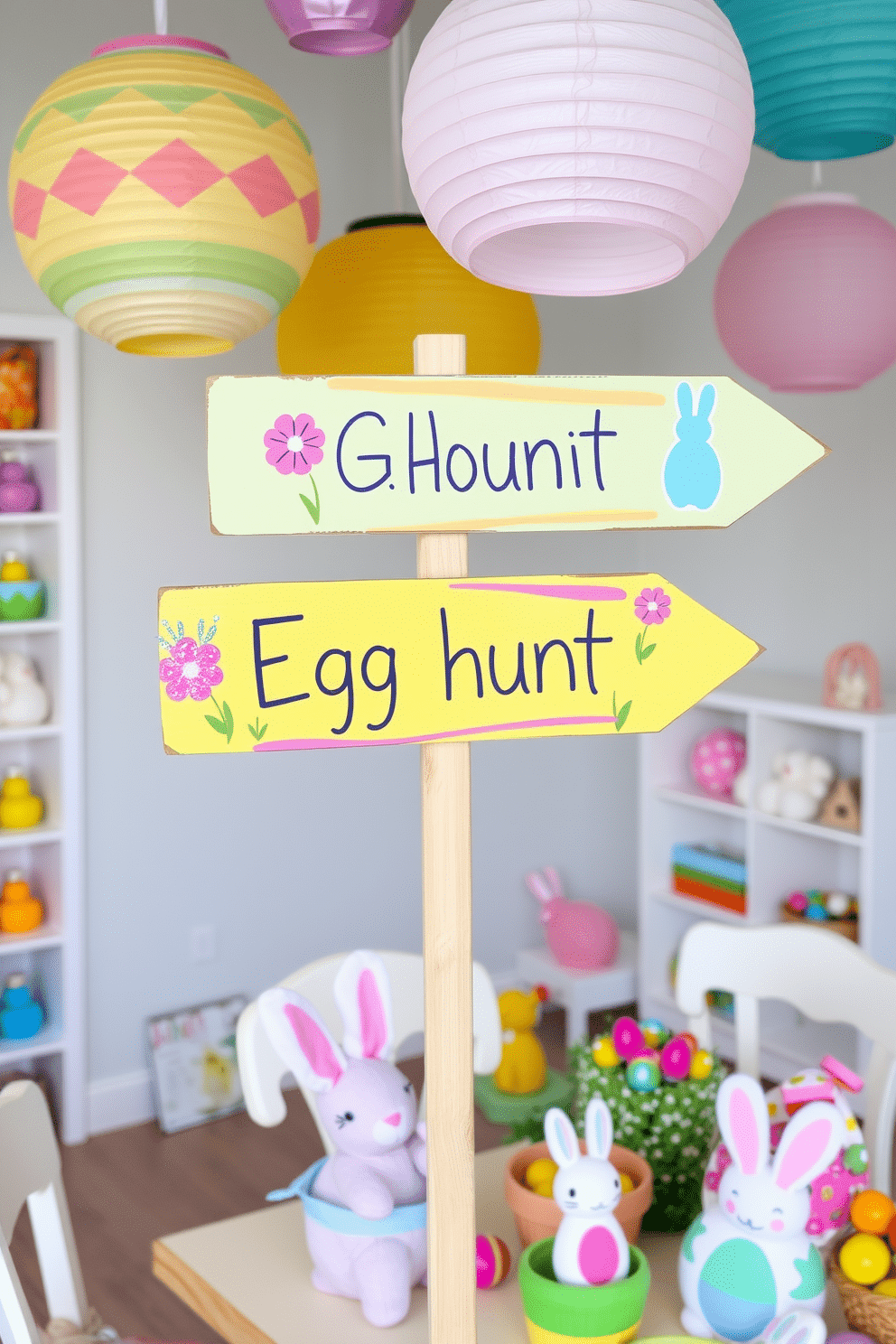 Colorful DIY egg hunt signs guide children with playful arrows and bunny-shaped markers. Each sign is crafted from pastel-colored wood, adorned with hand-painted flowers and glitter accents, leading the way to hidden treasures. Transform the playroom into an Easter wonderland with vibrant decorations and themed activities. Hang paper lanterns shaped like Easter eggs from the ceiling, and fill the room with plush bunnies, colorful baskets, and a table set with spring-themed crafts and treats.