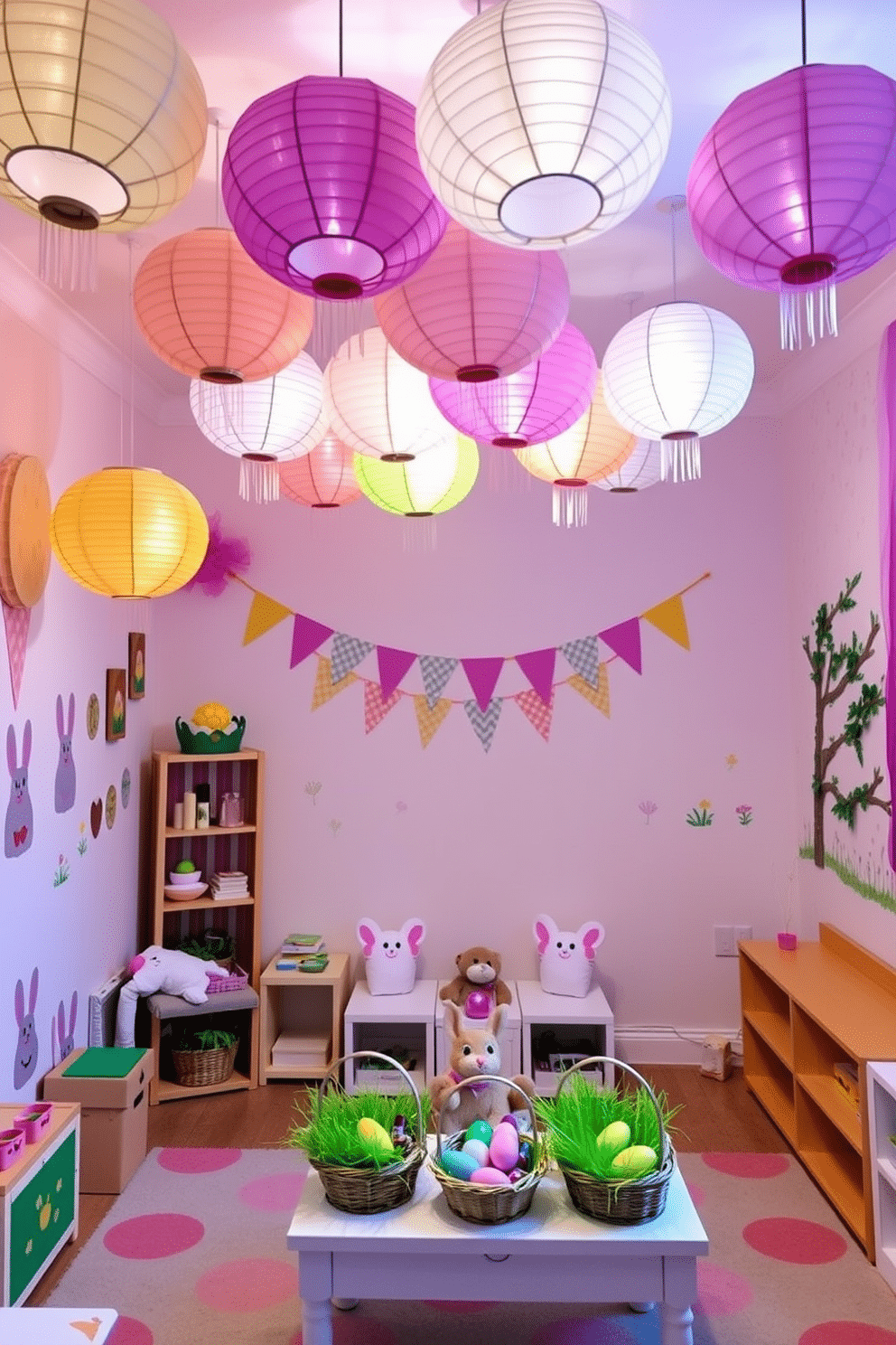 A cozy playroom filled with Easter decorations. Colorful paper lanterns hang from the ceiling, casting a warm and festive glow over the room. The walls are adorned with pastel-colored banners and bunny-themed wall decals. In the center of the room, a small table is set up with Easter crafts, including painted eggs and baskets filled with artificial grass and chocolate treats.