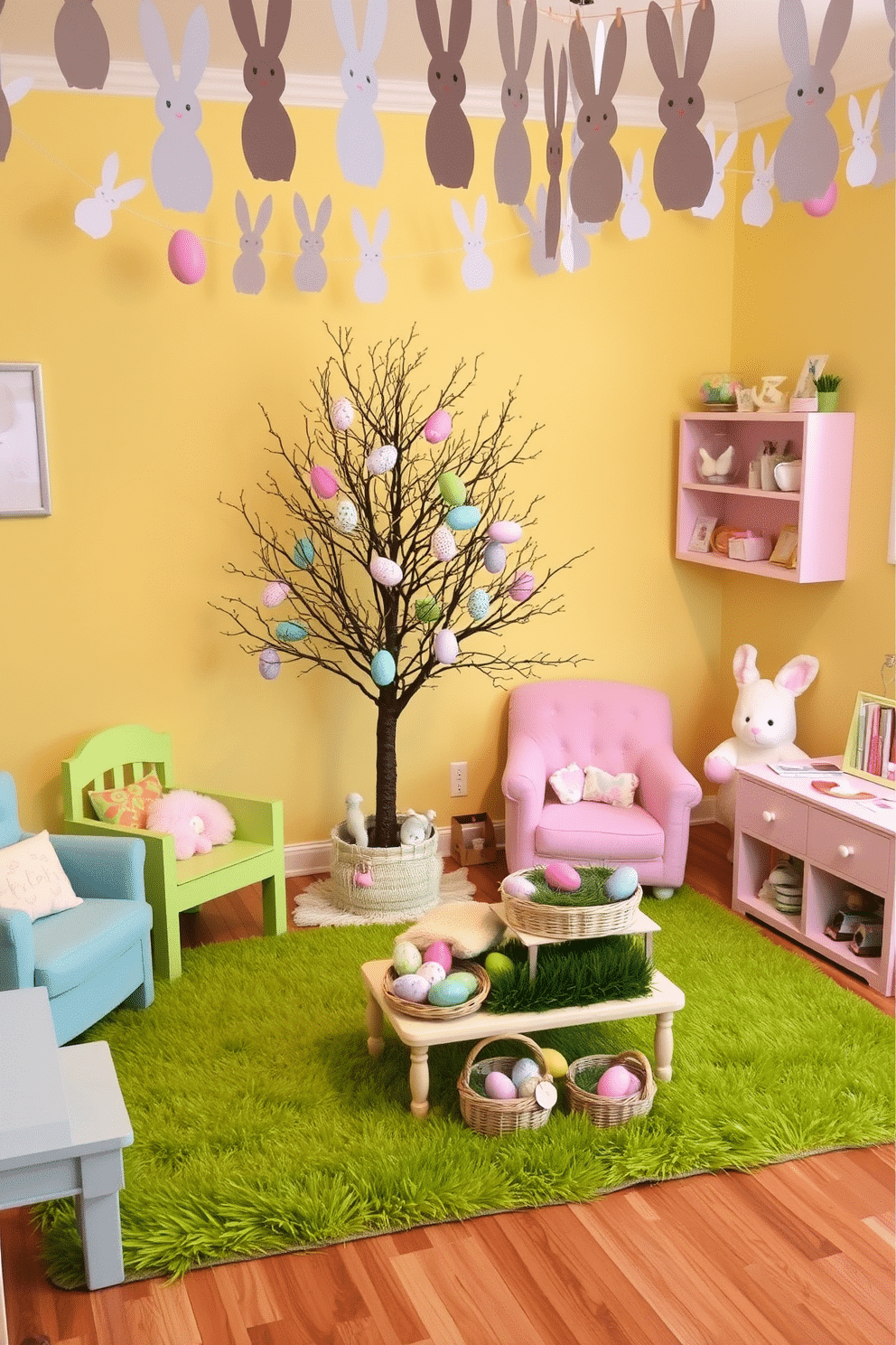 A whimsical playroom decorated for Easter. A miniature tree adorned with colorful, decorated Easter eggs stands in the corner, surrounded by pastel-colored furniture and soft, plush toys. The walls are painted in a light, cheerful yellow, and a soft, green rug resembling grass covers the floor. On a small table, there are baskets filled with faux grass and more Easter eggs, while paper bunny garlands hang from the ceiling.