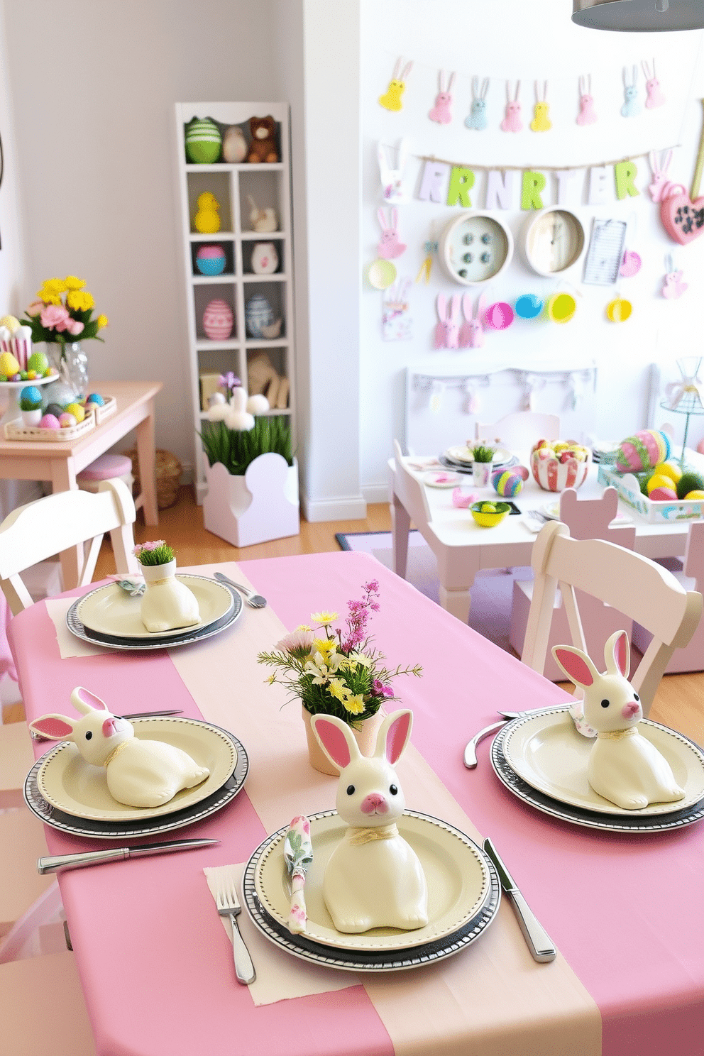 A whimsical table setting featuring bunny-shaped plates. The table is adorned with pastel-colored linens, and each place setting includes a bunny plate, a floral napkin, and a small bouquet of spring flowers. A lively playroom decorated for Easter, filled with colorful egg-shaped ornaments and bunny-themed decorations. The walls are painted in soft pastels, and the room is furnished with playful, child-sized furniture, including a table set with bunny plates and an array of Easter crafts.