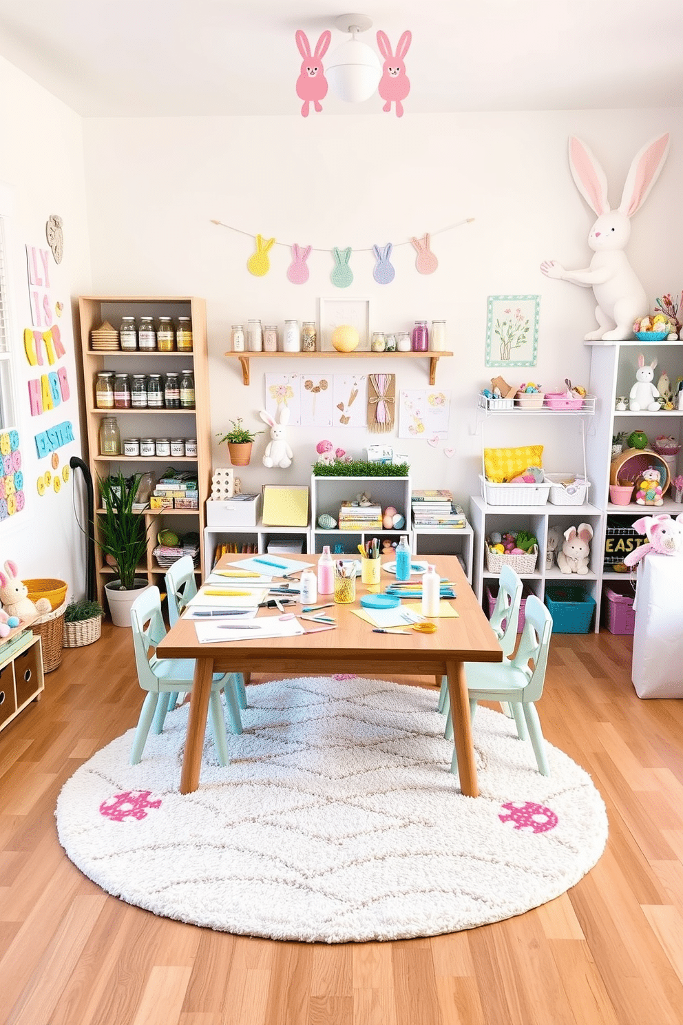 A bright and cheerful craft station for Easter-themed art projects. A large wooden table is covered with pastel-colored paper, scissors, glue, and various craft supplies, surrounded by small chairs. On the wall above the table, there are shelves holding jars of paint, brushes, and other crafting materials. The room is decorated with Easter-themed banners, featuring bunnies, eggs, and flowers, adding a festive touch. A whimsical playroom filled with Easter decorating ideas. The walls are adorned with colorful Easter egg decals and bunny-shaped wall art, creating a playful atmosphere. In the center of the room, a soft rug with an Easter egg pattern provides a cozy area for children to play. The shelves are stocked with Easter-themed toys, books, and stuffed animals, ensuring endless fun and creativity.